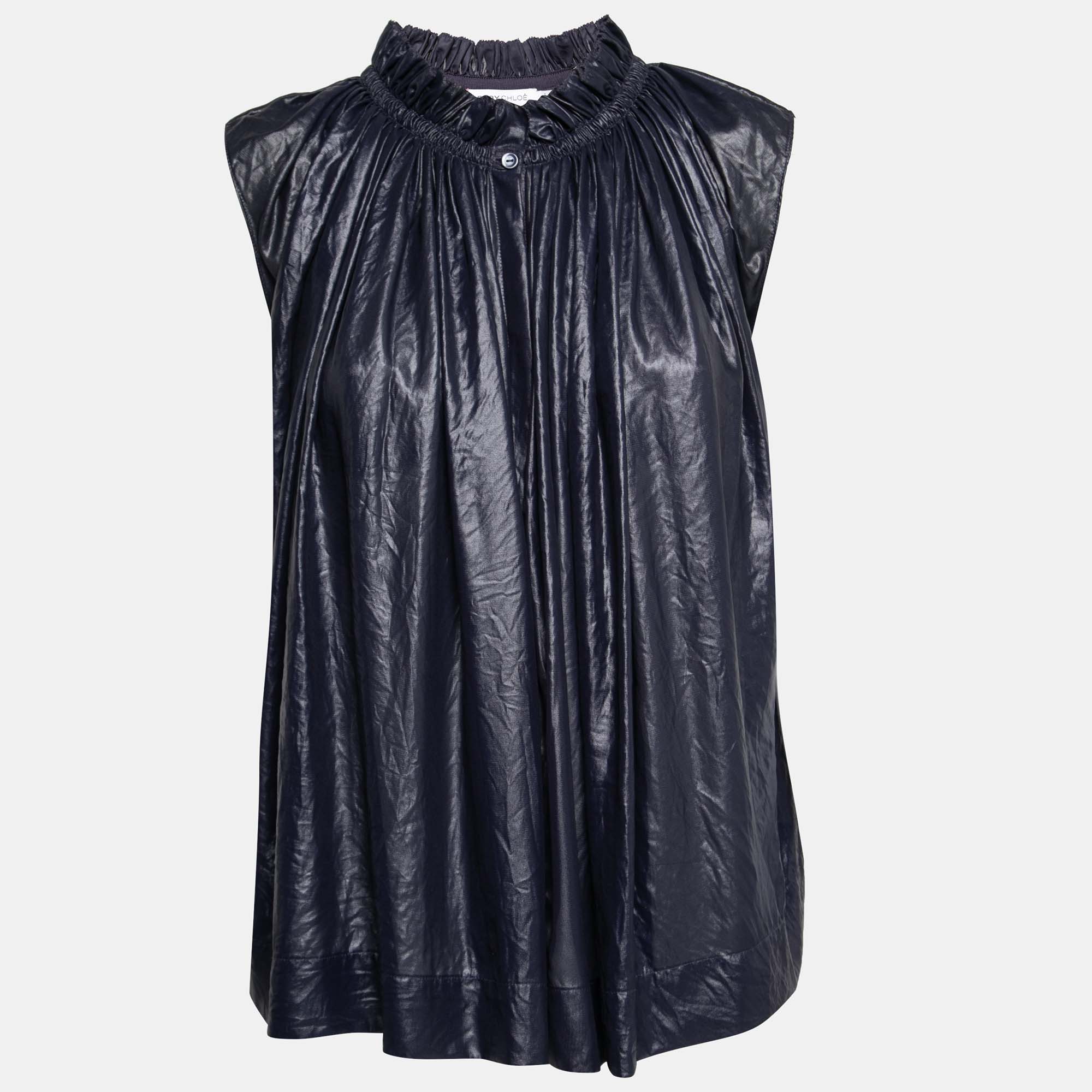 Pre Owned توب سي باي كلوي خامة صناعية أزرق كحلي بكشككشة وأزرار أمامية مقاس متوسط - ميديوم