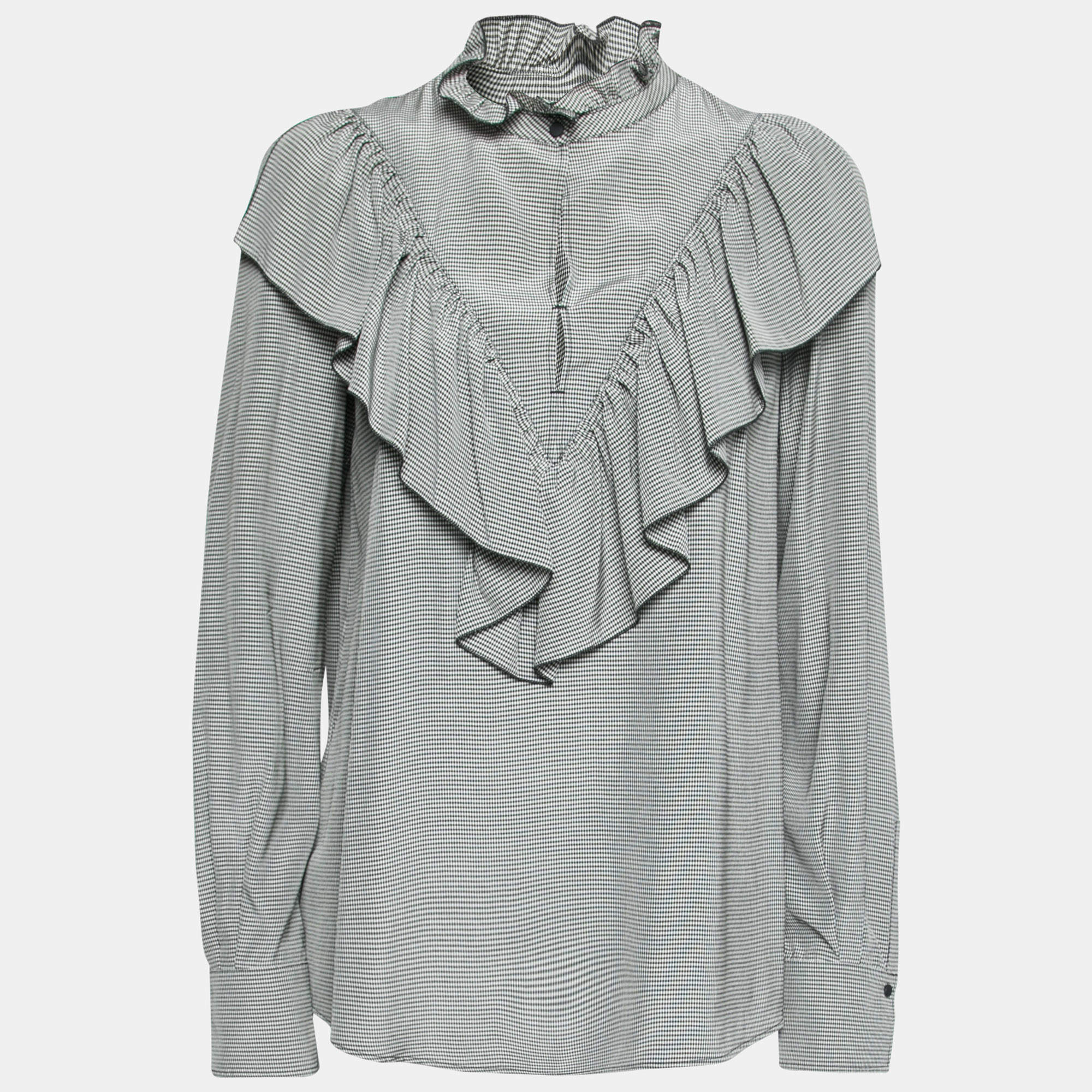 Pre Owned بلوزة سي باي كلوي طرف مكشكش كريب ميكرو كاروهات رصاصي مقاس كبير - لارج