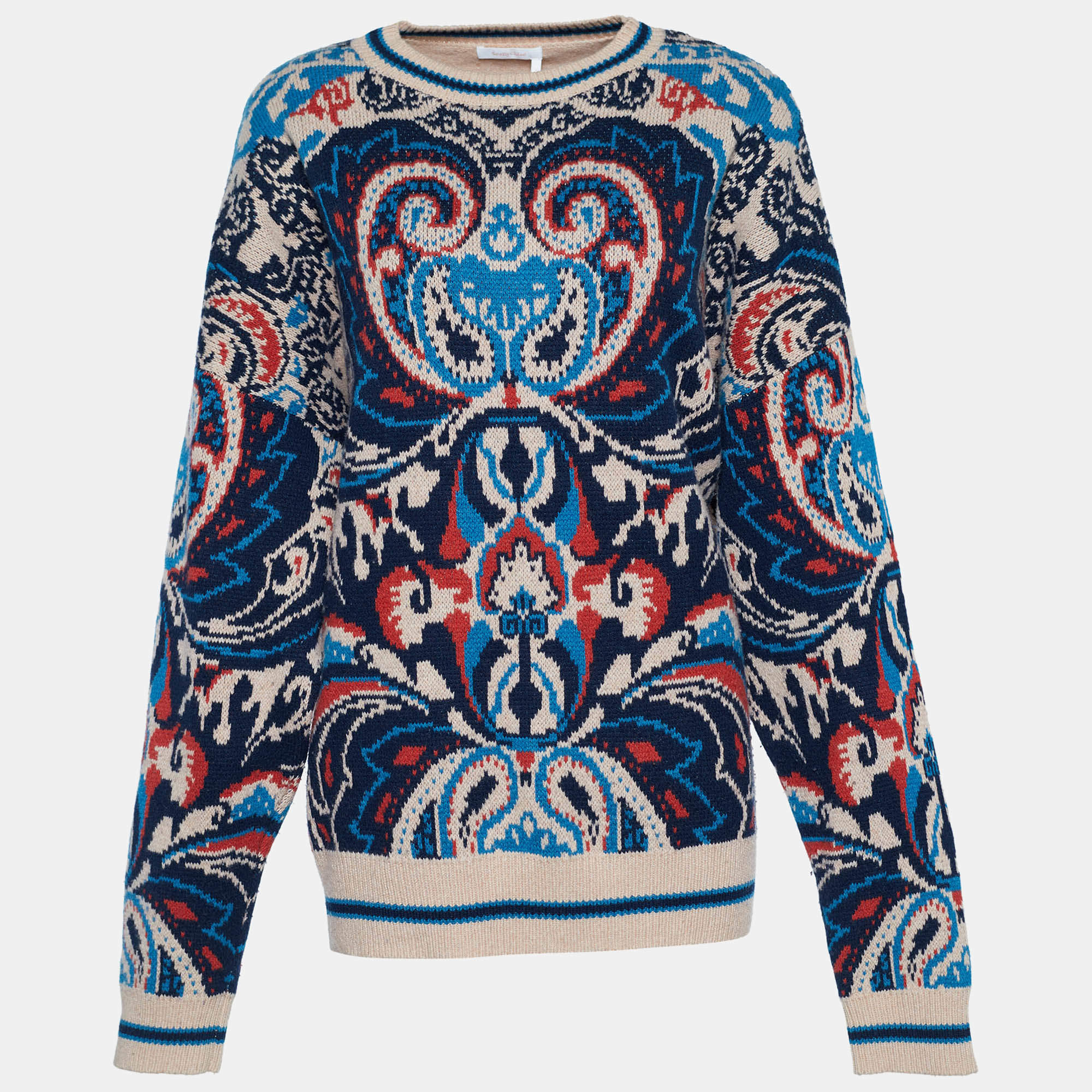 Pre Owned See by Chloe Multicolor Paisley Jacquard Wool Knit Sweater L