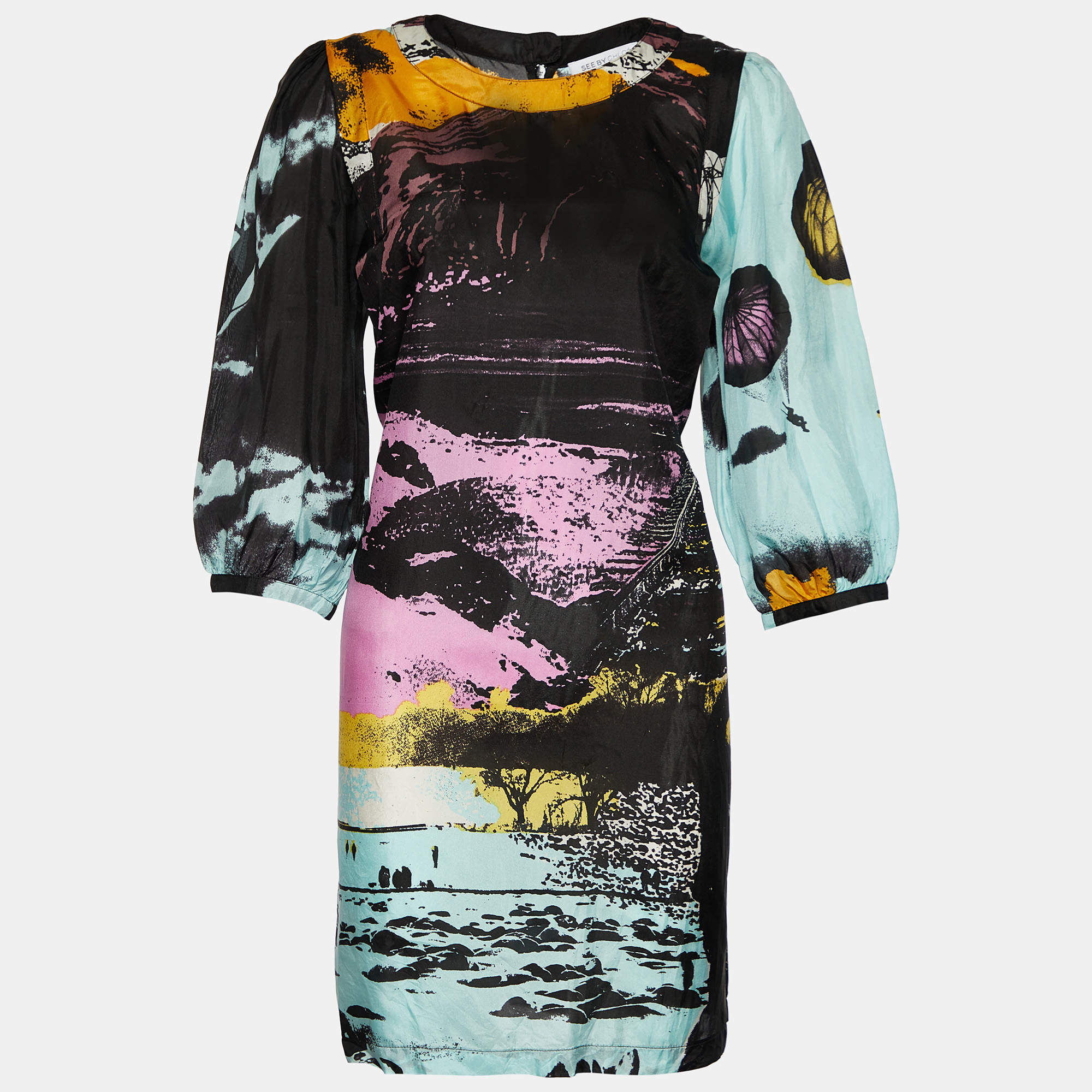 Pre Owned See by Chloe Black Abstract Print Silk Long Sleeve Tunic Dress L