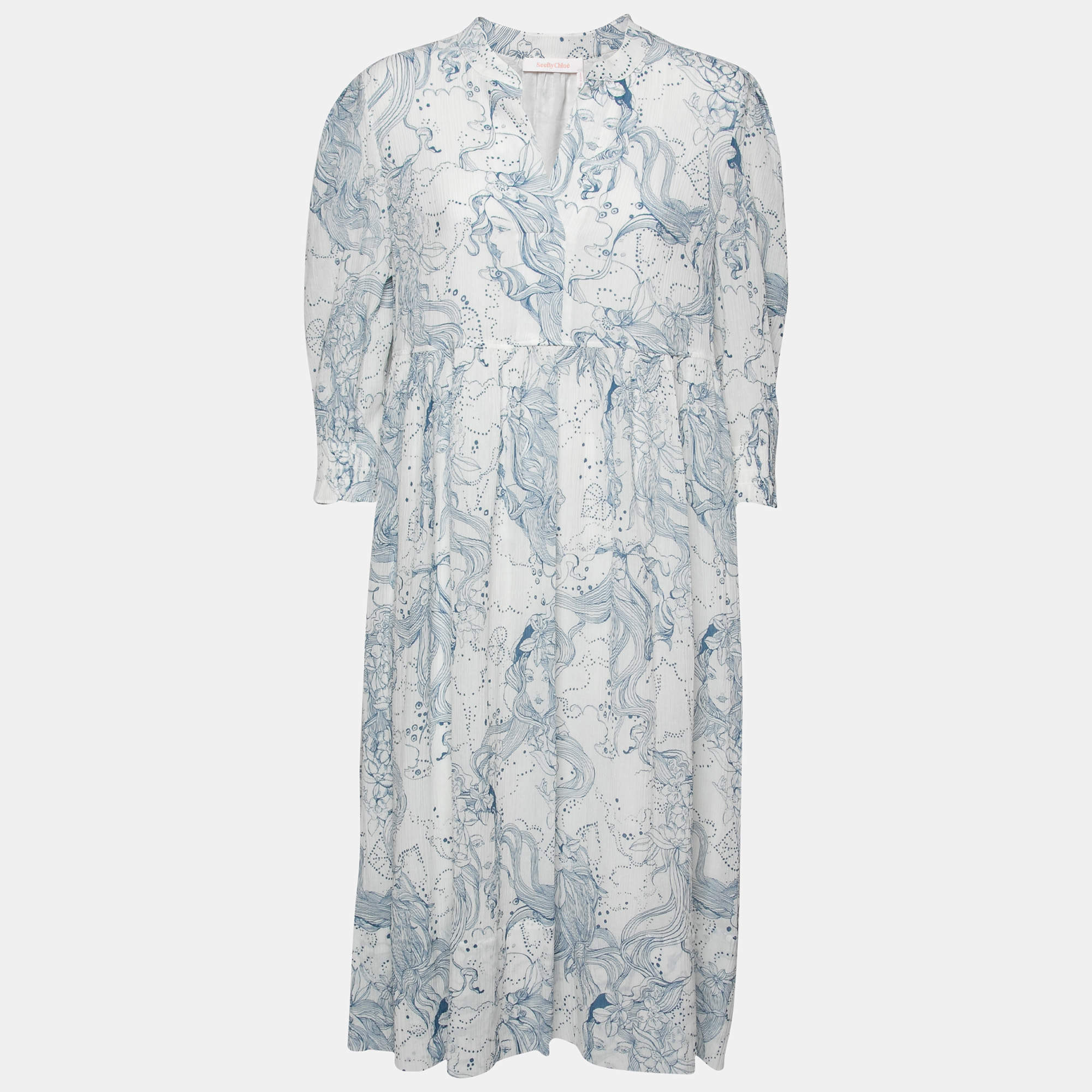 Pre Owned فستان سي باي كلوي قطن مطبوع أبيض وأزرق مقاس كبير - لارج