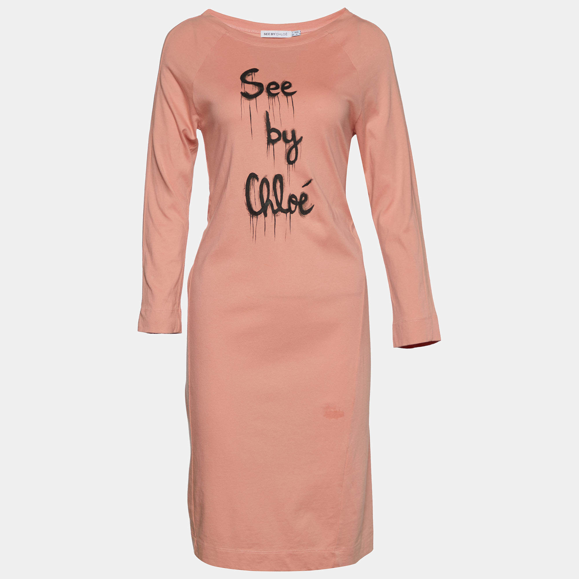 Pre Owned See by Chloe Peach Logo Print Cotton Long Sleeve T-Shirt Dress S