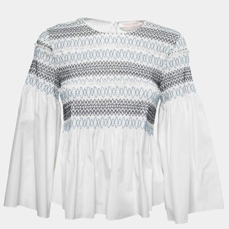 Pre Owned See by Chloe White Cotton Smocked Detail Top M