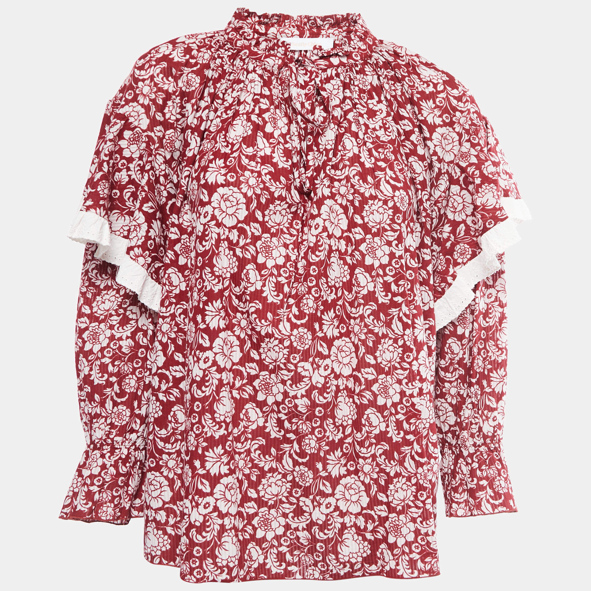 Pre Owned See by Chloe Red Floral Printed Cotton Ruffled Blouse S