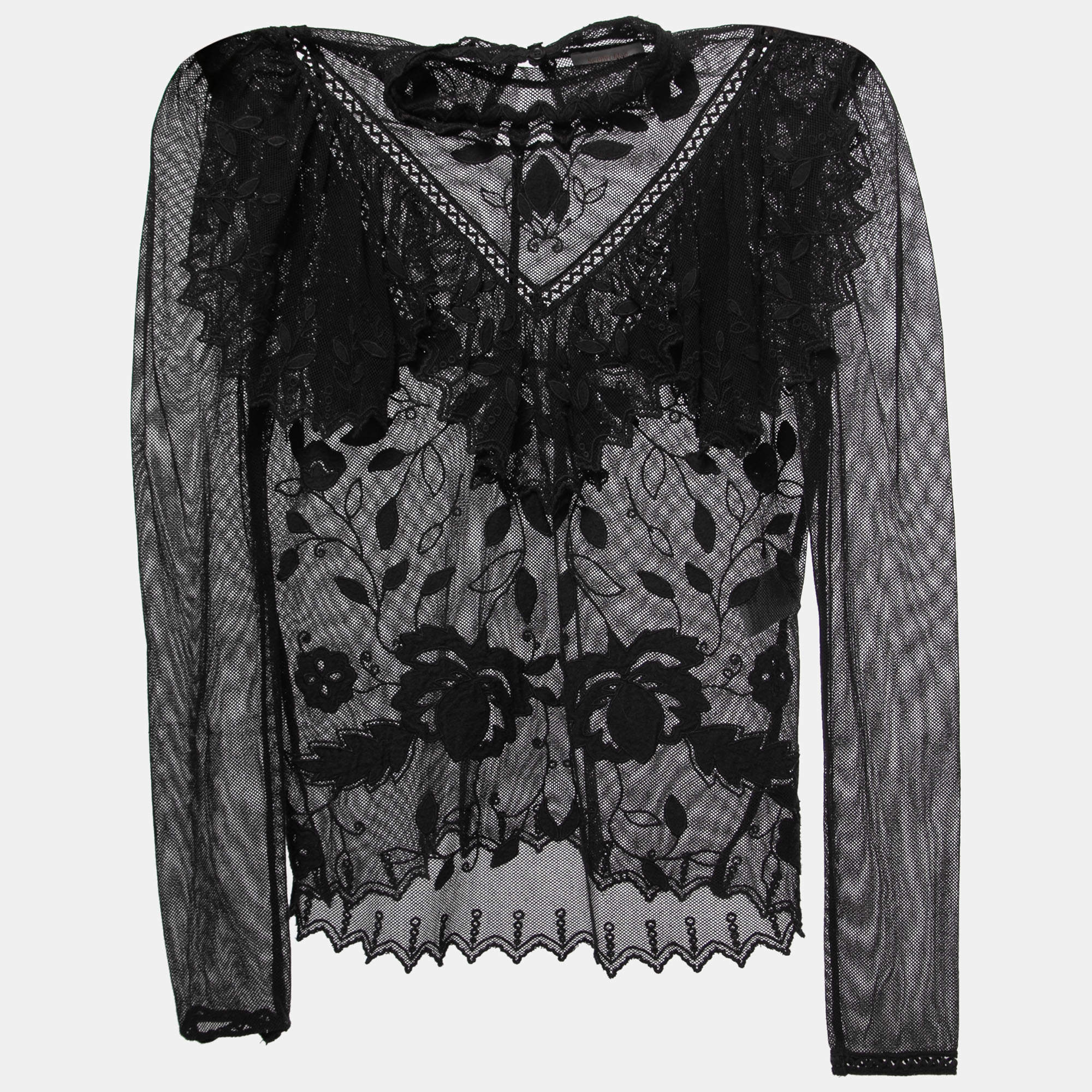 See by Chloe Black Embroidered Cotton Blend Ruffled Mesh Top M