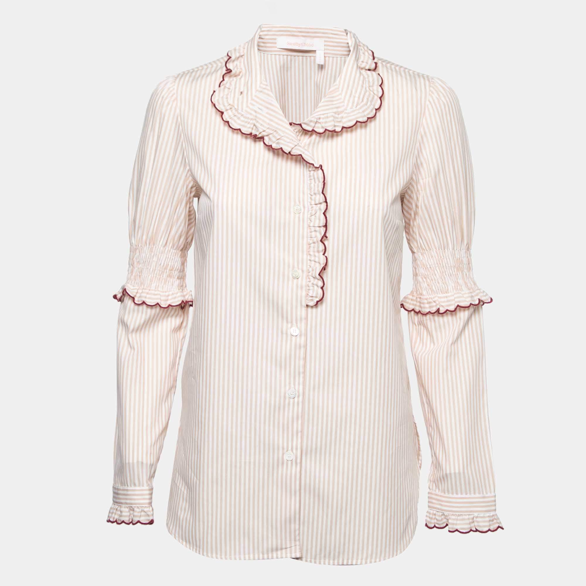 Pre Owned See by Chloe Beige Striped Cotton Ruffled Shirt S