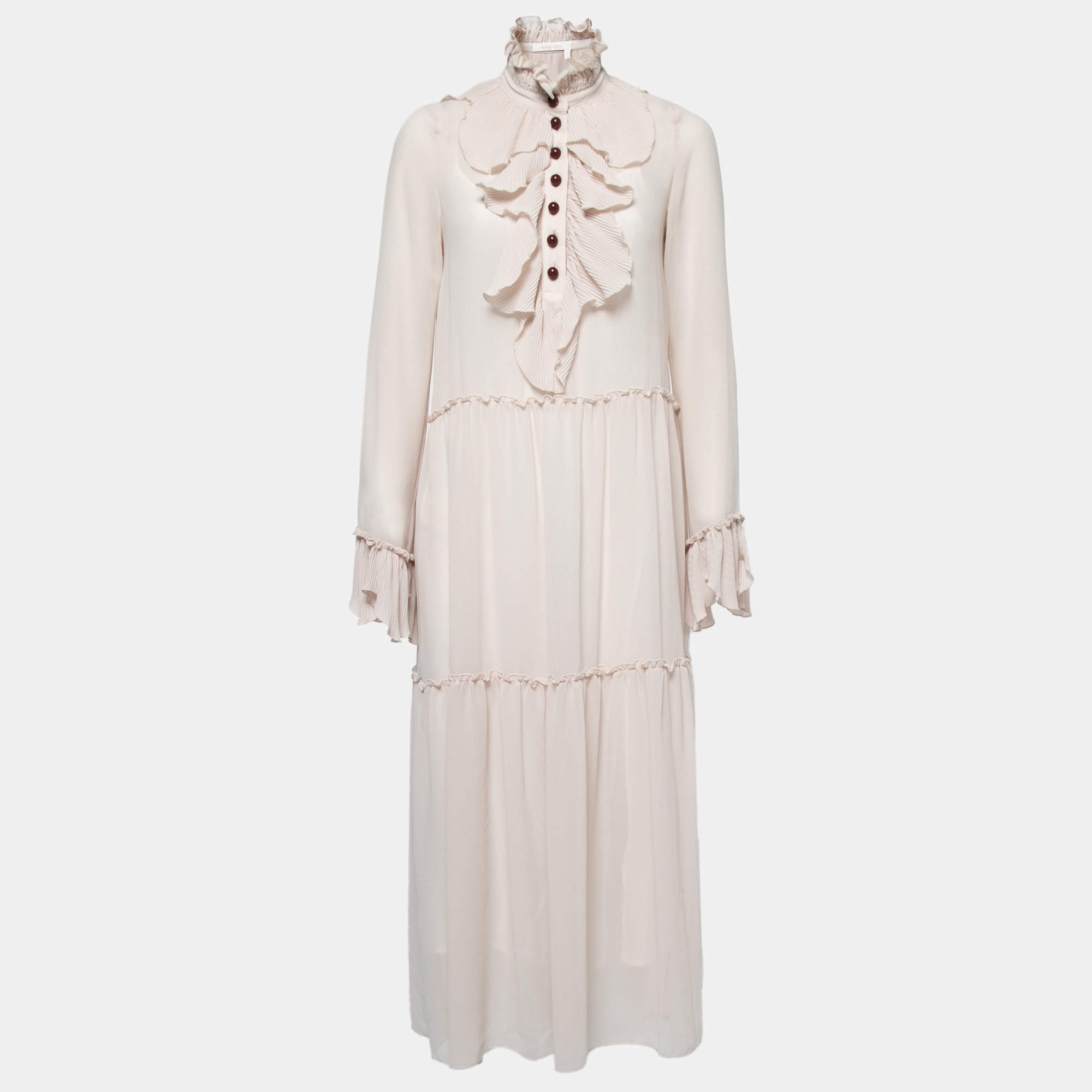 See by Chloe Beige Crepe de Chine Ruffled Tiered Maxi Dress M