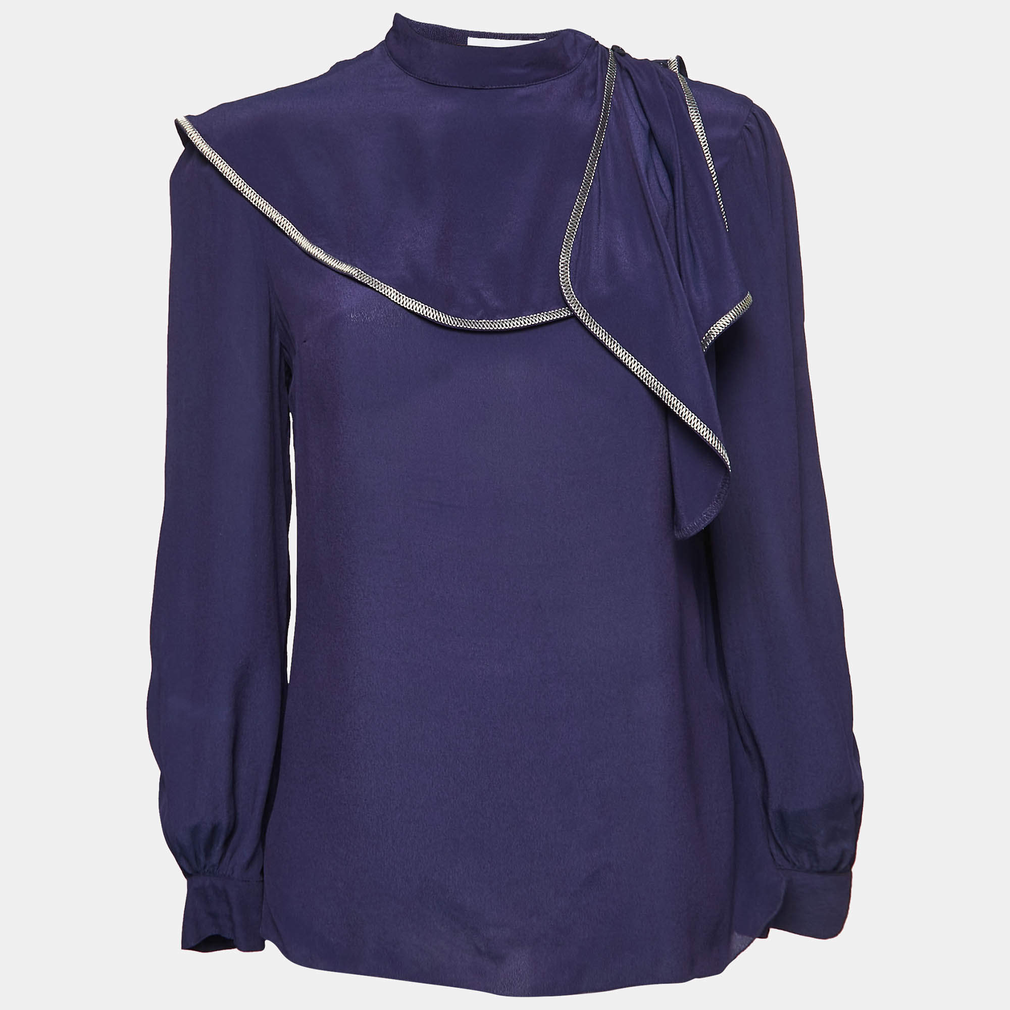Pre Owned See by Chloe Dark Purple Crepe Ruffle Detail High Neck Long Sleeve Top M