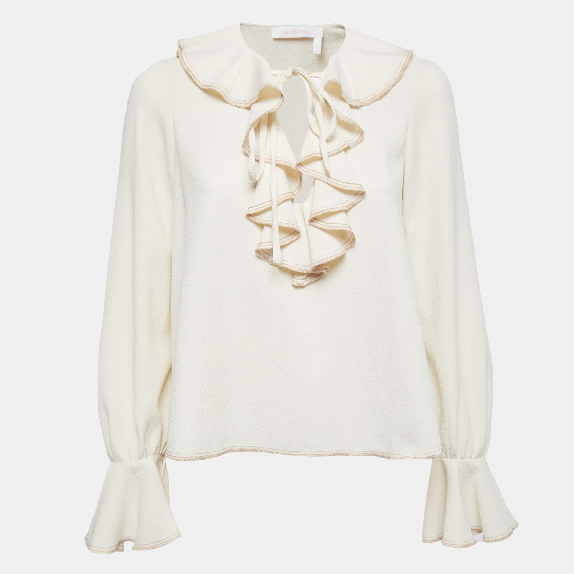 مملوكة مسبقًا See by Chloe Cream Crepe Ruffle Detail Tie Neck Detail Top S