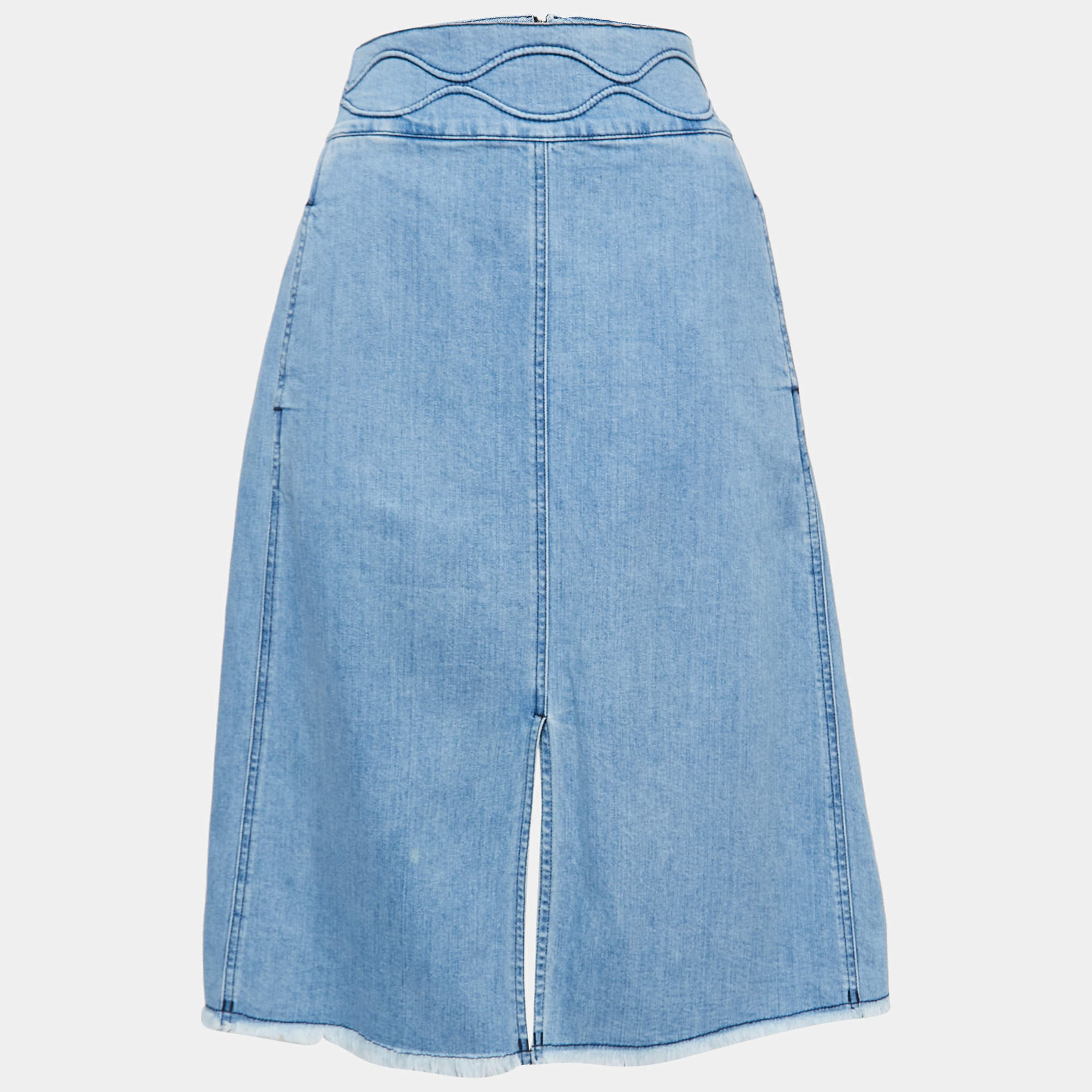 Pre Owned See by Chloe Blue Washed Denim Raw-Trimmed Midi Skirt L