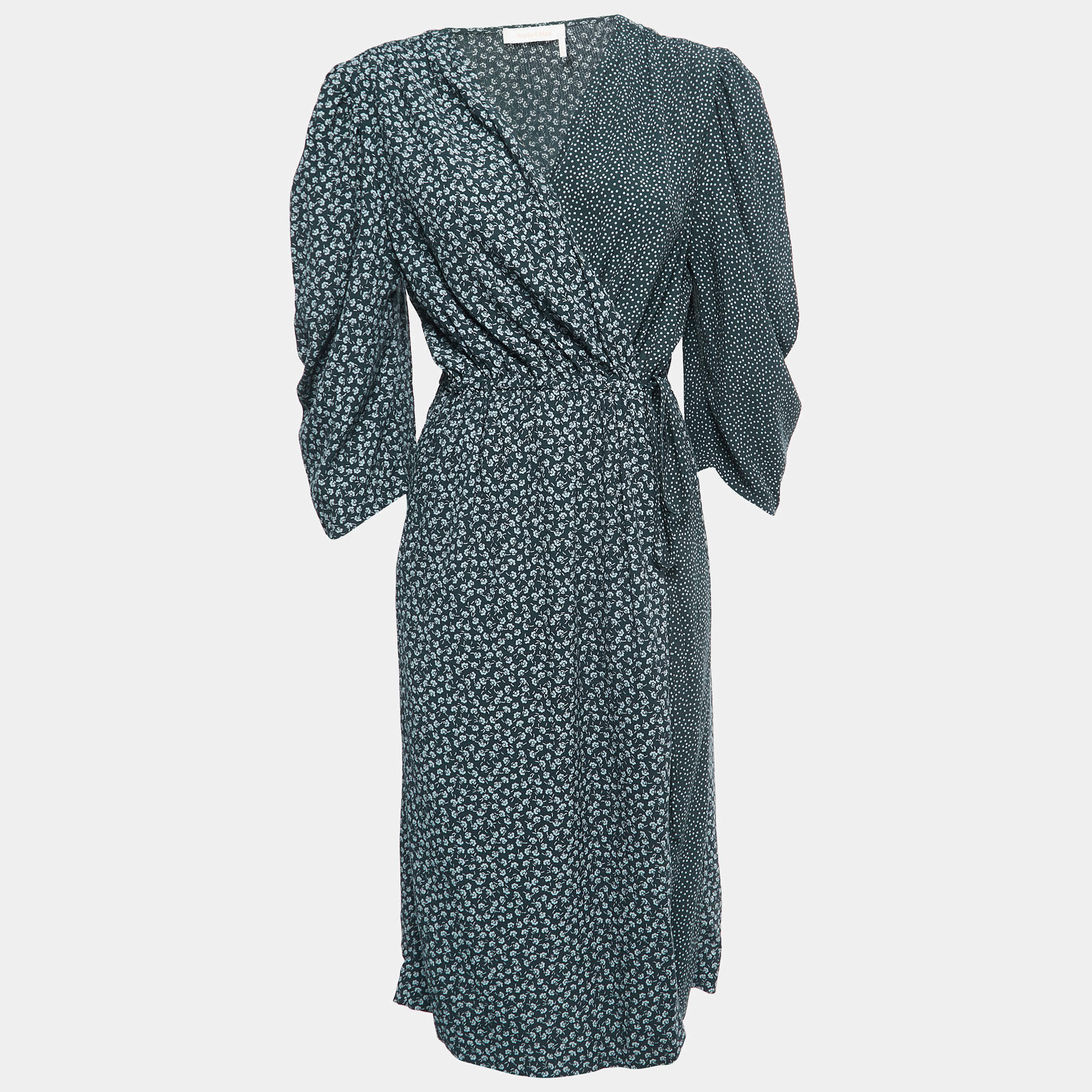 Pre Owned See by Chloe Dark Green Dotted & Floral Printed Crepe Wrap Midi Dress L