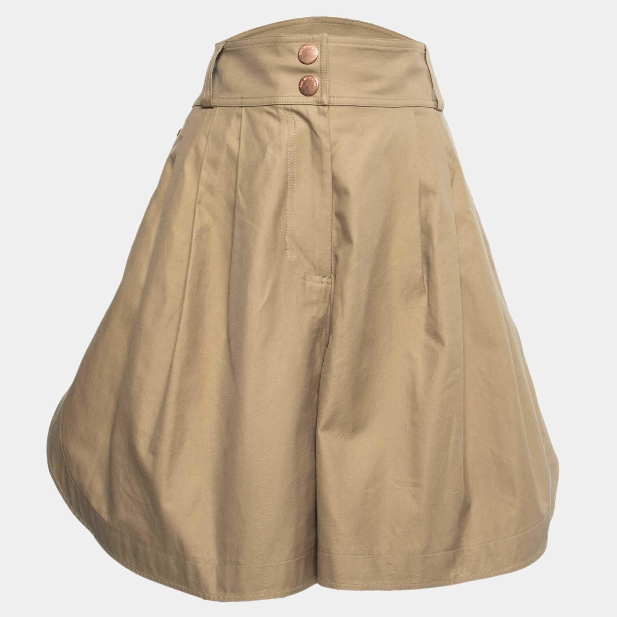 See by Chloe Khakhi Cotton Side Button Detail Pleated Shorts L