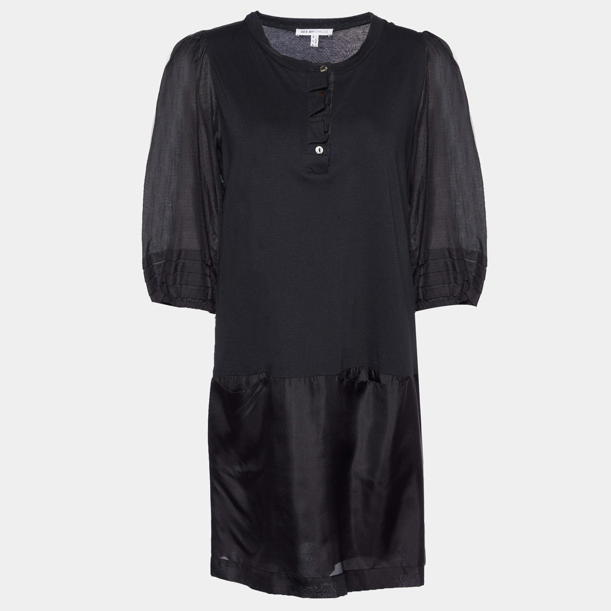 Pre Owned See by Chloe Black Cotton Knit & Silk Shift Dress L