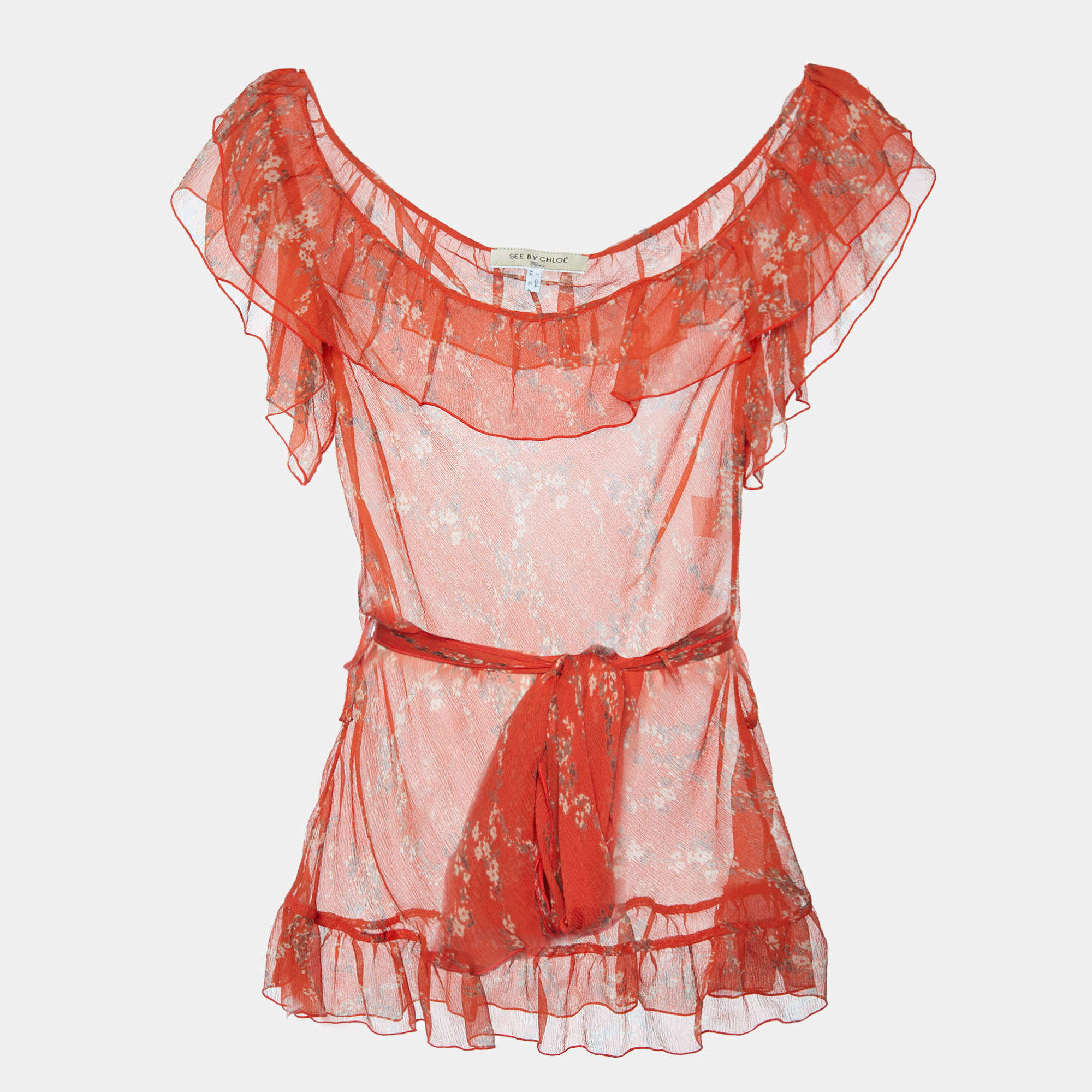 مملوكة مسبقًا See by Chloe Orange Printed Silk Belted Ruffled Top M