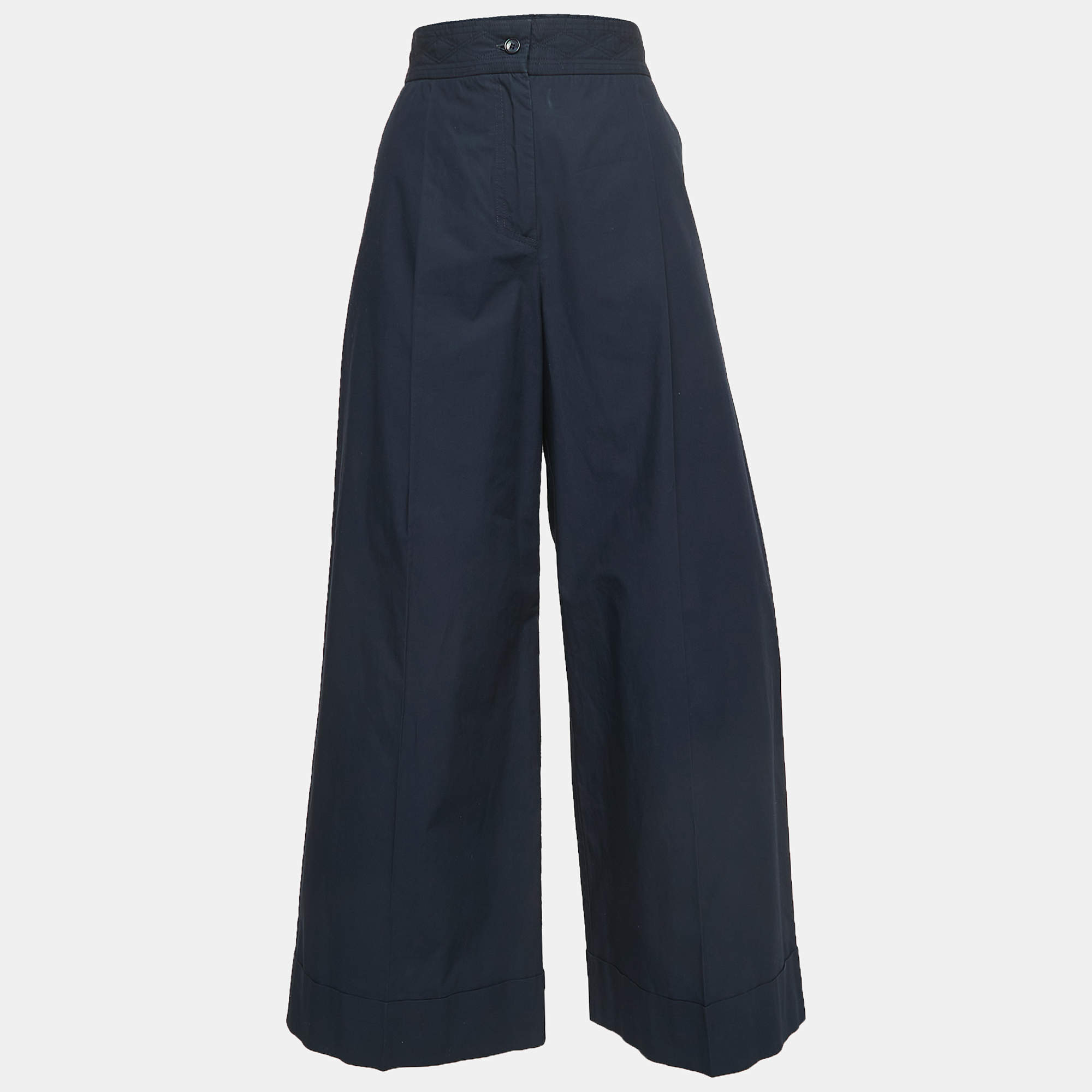 Pre Owned See by Chloe Navy Blue Cotton Pleated Wide Leg Trousers M