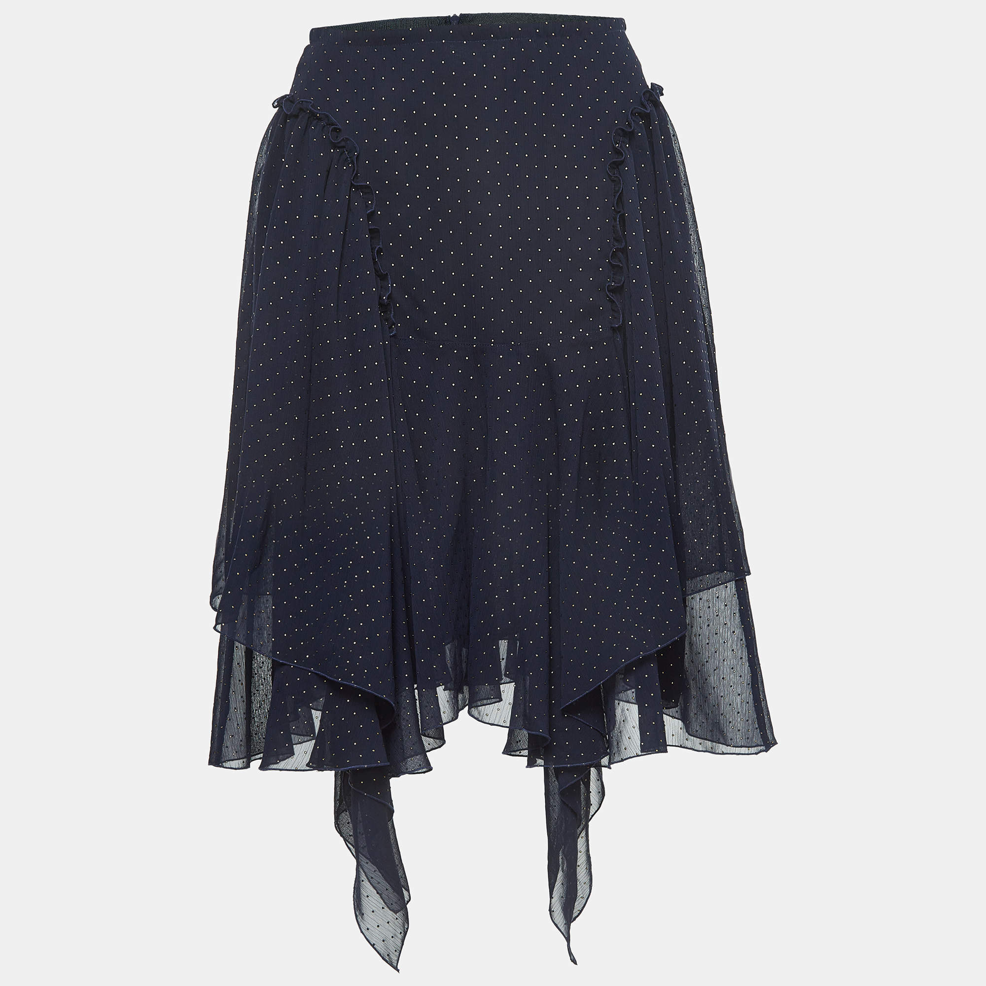 Pre Owned See by Chloe Navy Blue Dotted Chiffon Asymmetrical Skirt S