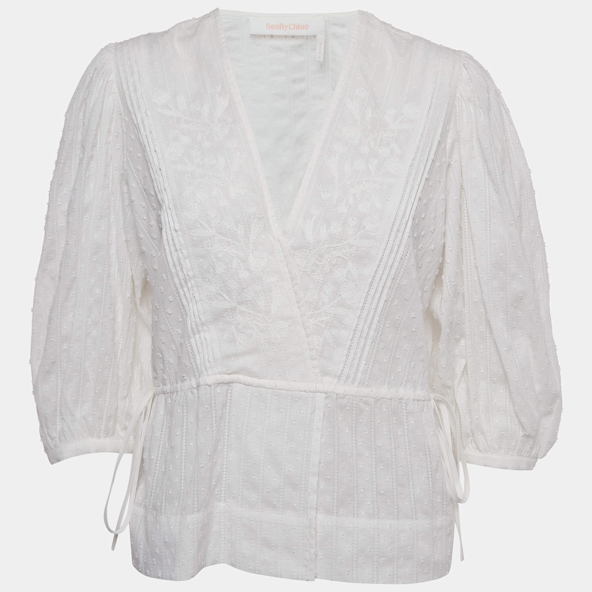 مملوكة مسبقًا See by Chloé White Embroidered Cotton Drawstring Blouse M