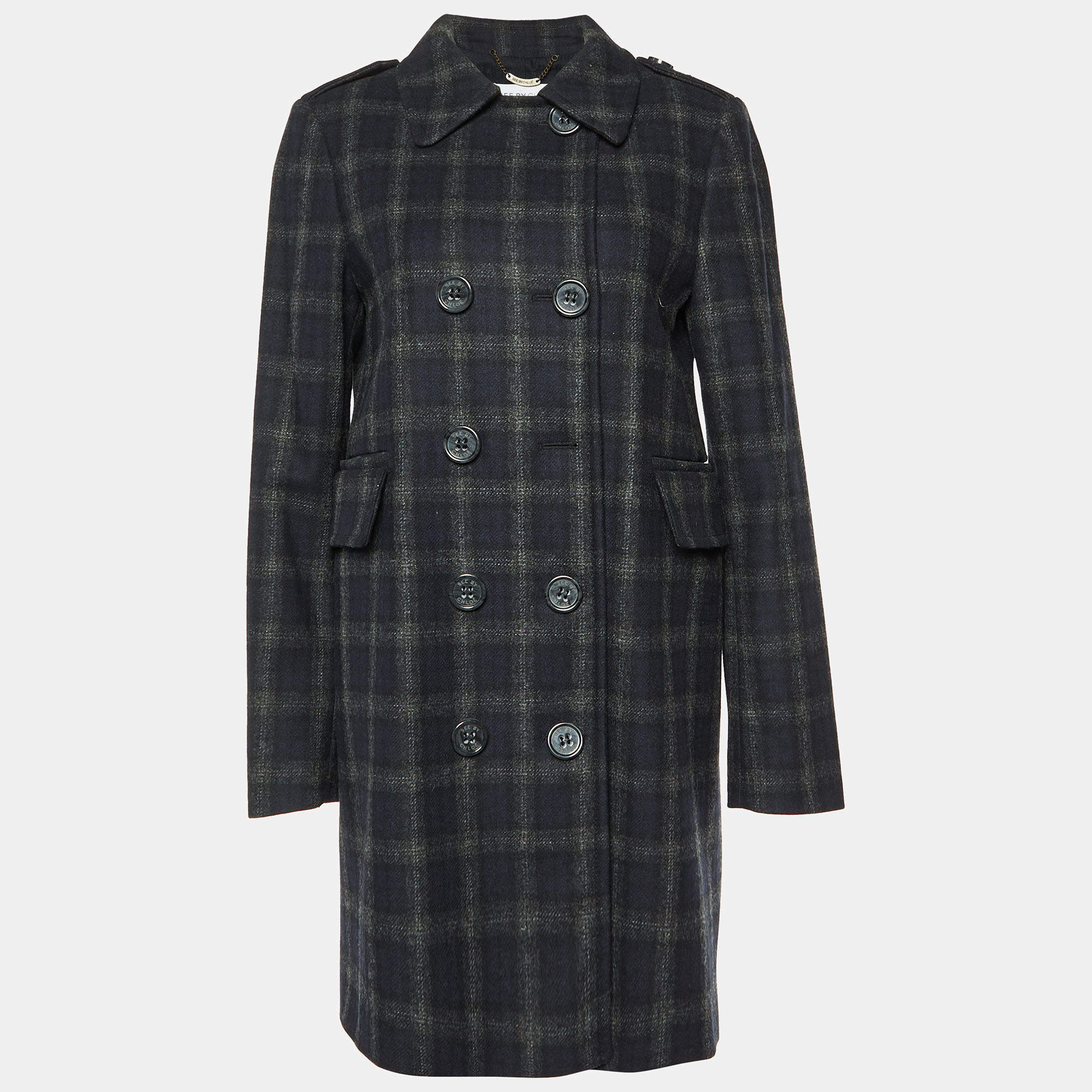 See by Chloe Black Checked Wool Double Breasted Coat M