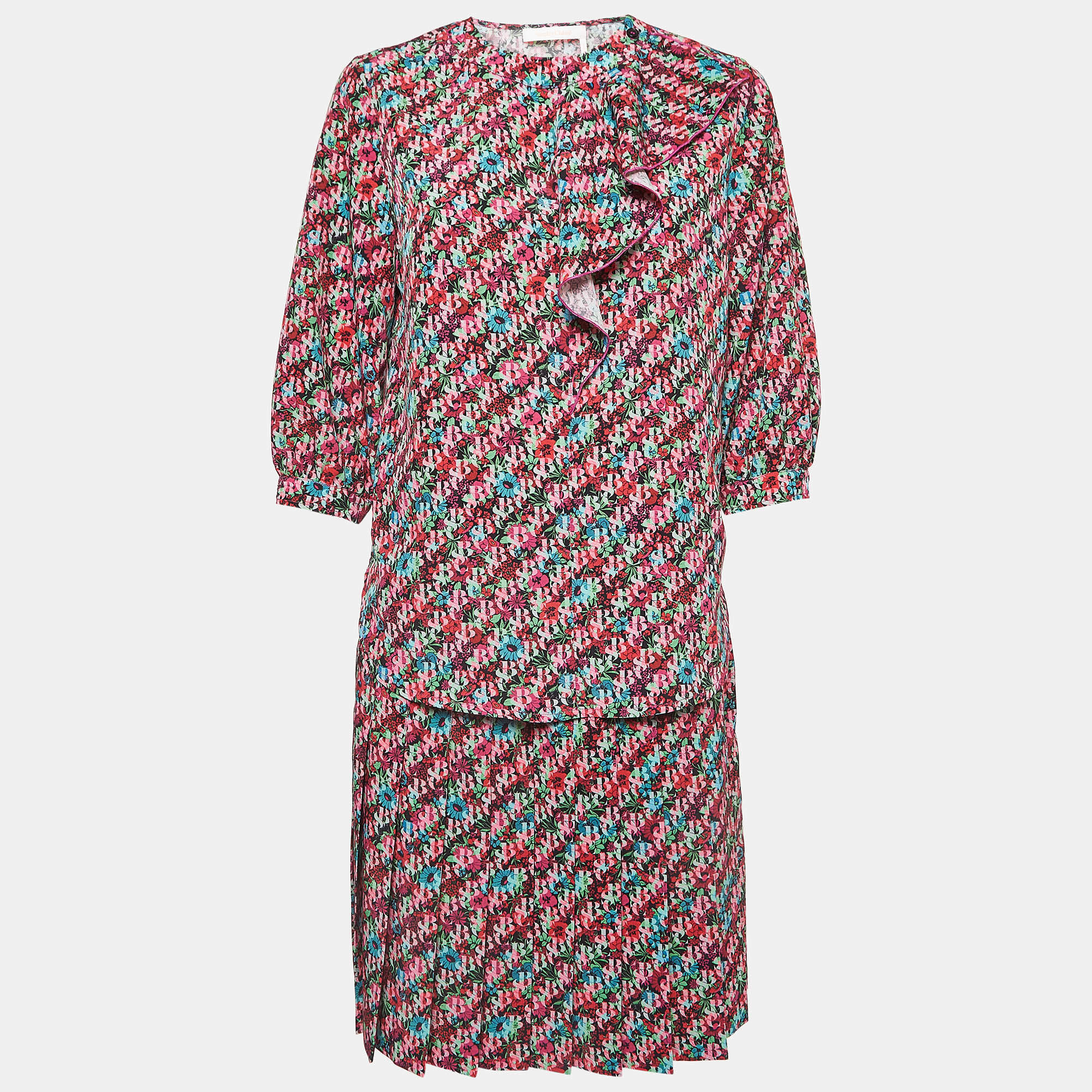 Pre Owned See by Chloe Multicolor Floral Print Crepe Skirt Blouse Set S