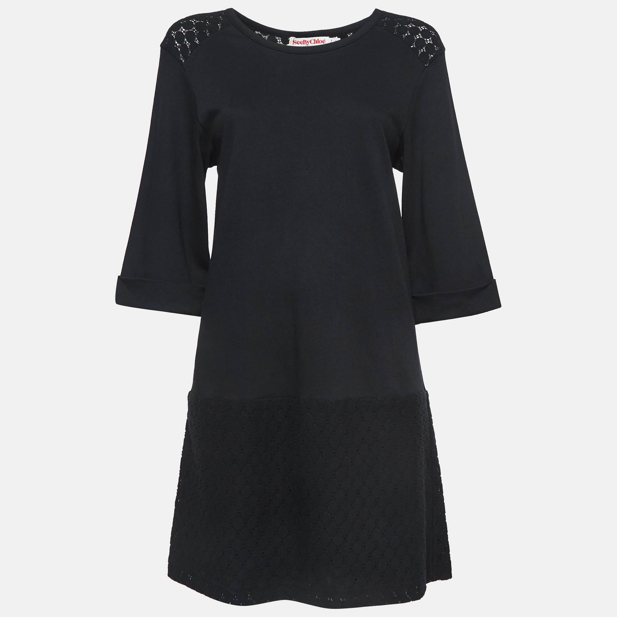 See by Chloe Black Lace and Cotton Long Sleeve Short Dress S