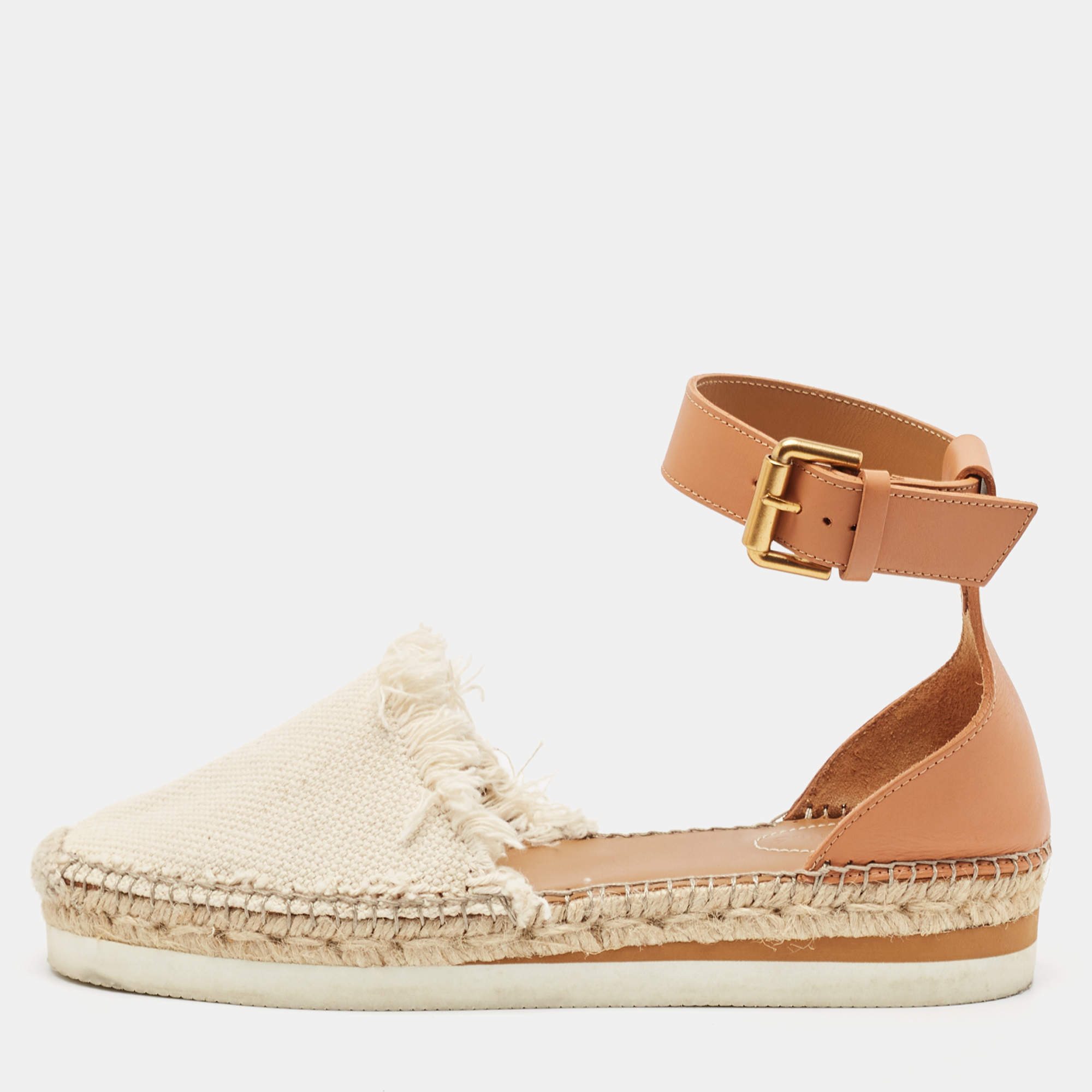 Pre Owned See by Chloe Cream/Brown Knit Fabric and Leather Ankle Strap Sandals Size 40