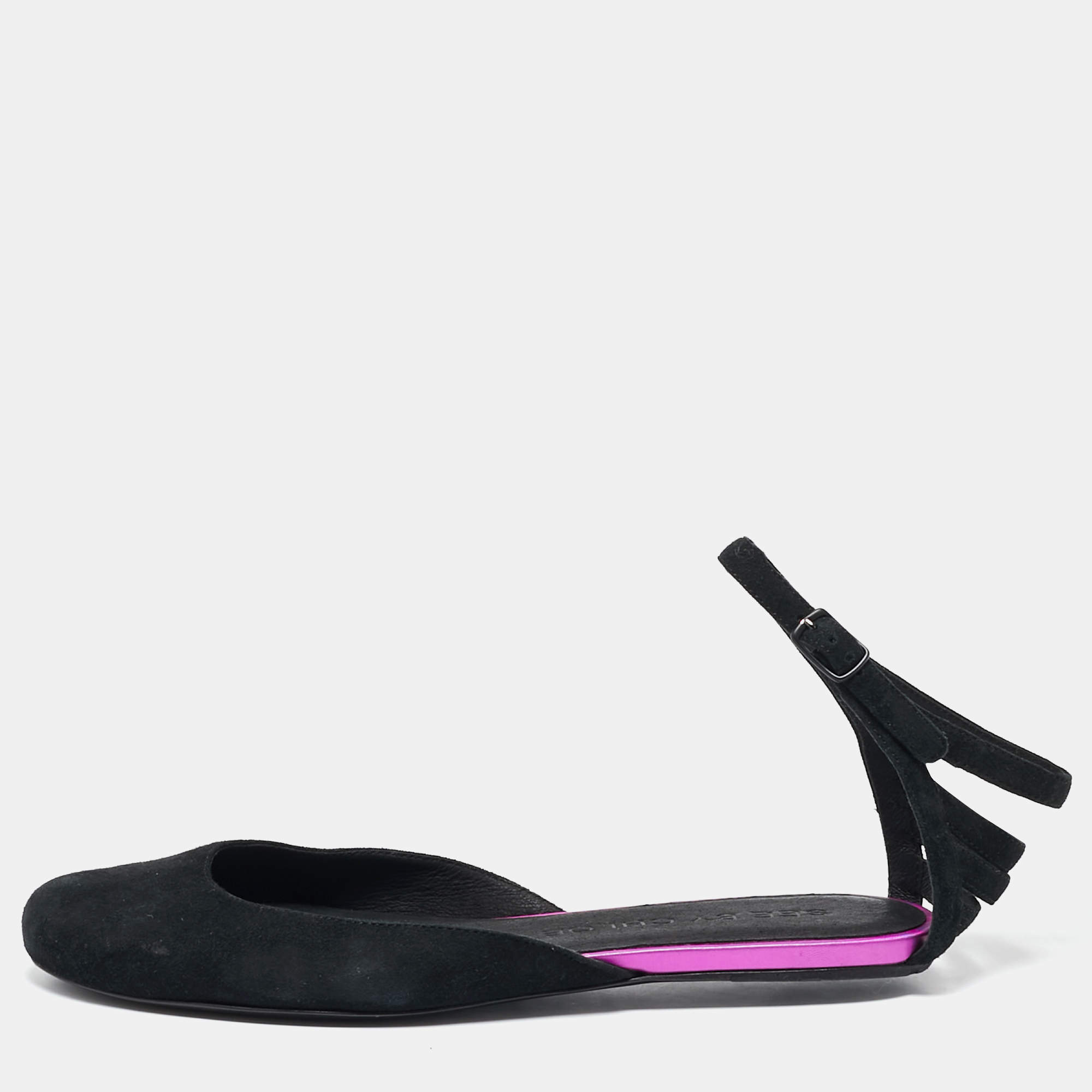 See by Chloe Black Suede Ankle Strap Ballet Flats Size 37