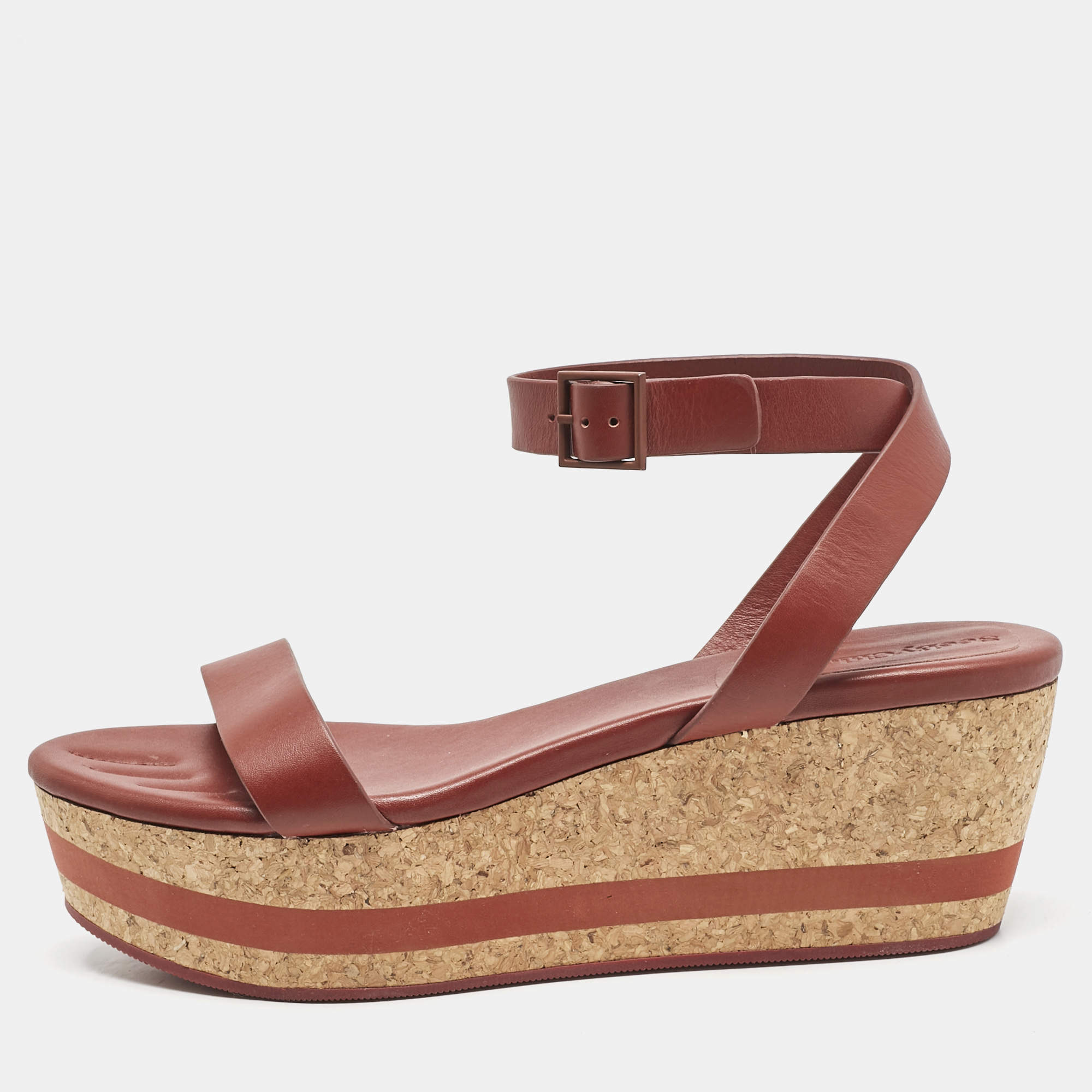 See by Chloe Red Leather Cork Wedge Platform Ankle Strap Sandals Size 39