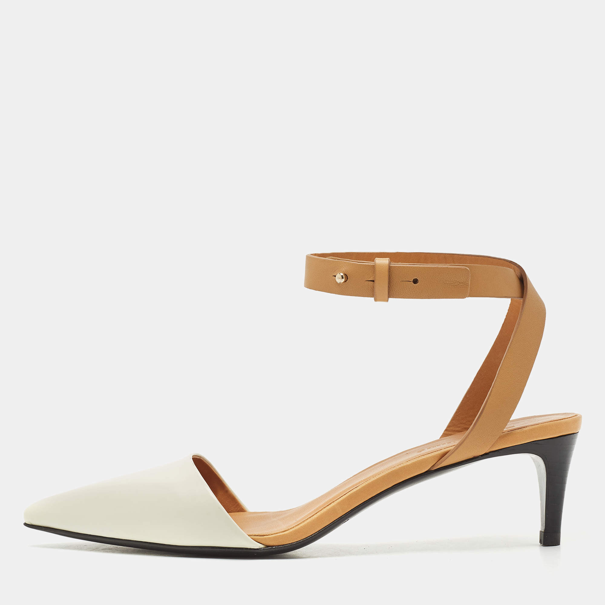 مملوكة مسبقًا See by Chloe White/Brown Leather Pointed Toe Ankle Wrap Pumps Size 39.5