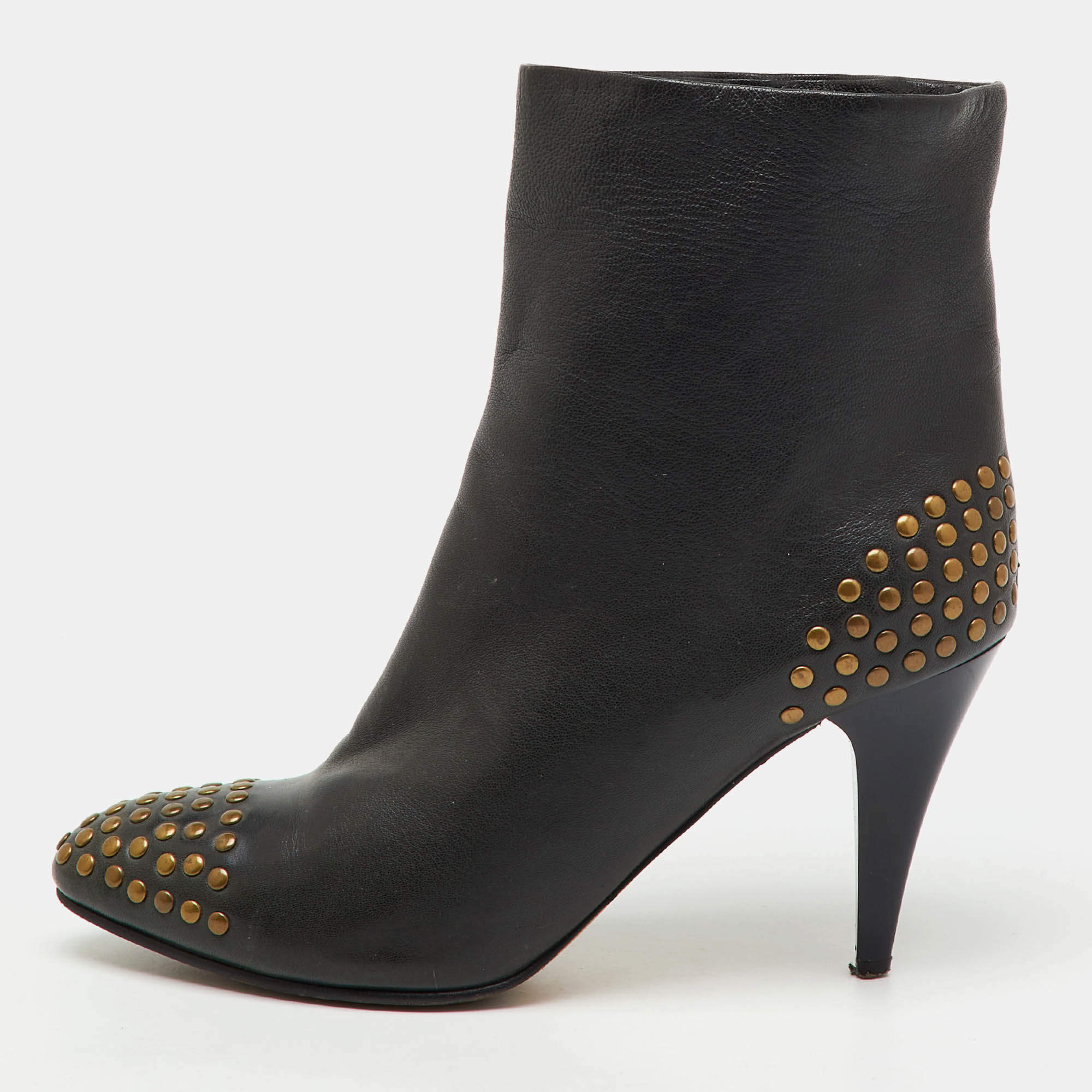 Pre Owned See by Chloe Dark Grey Leather Studded Ankle Length Boots Size 38.5