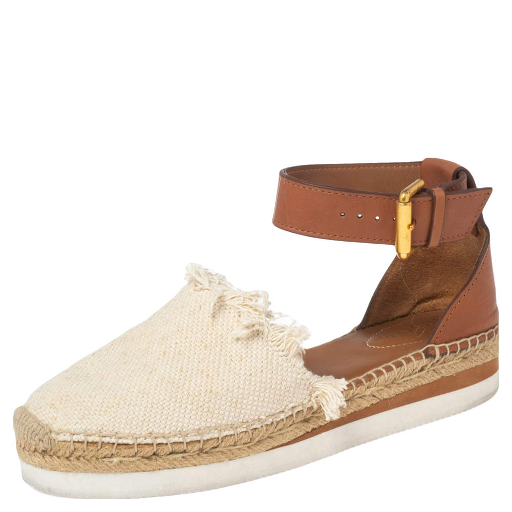 مملوكة مسبقًا حذاء إسبادريل سي باي كلوي غلين جلد وكانفاس أبيض/بني فاتح مقاس 37