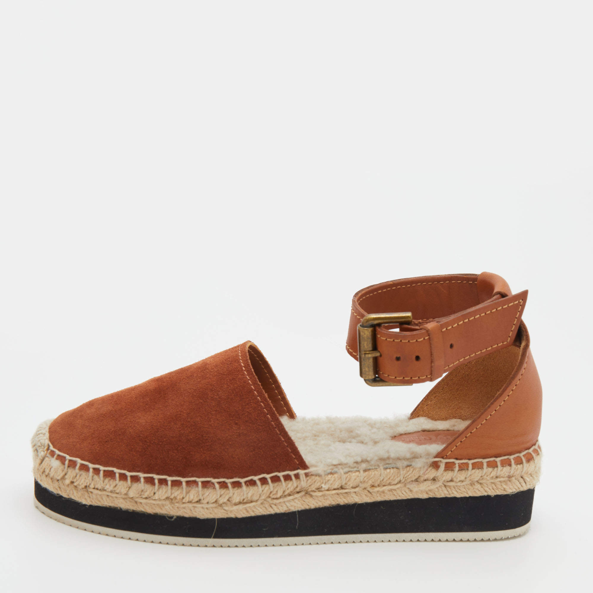 Pre Owned See by Chloe Brown Suede and Leather Gyln Espadrille Sandals Size 36