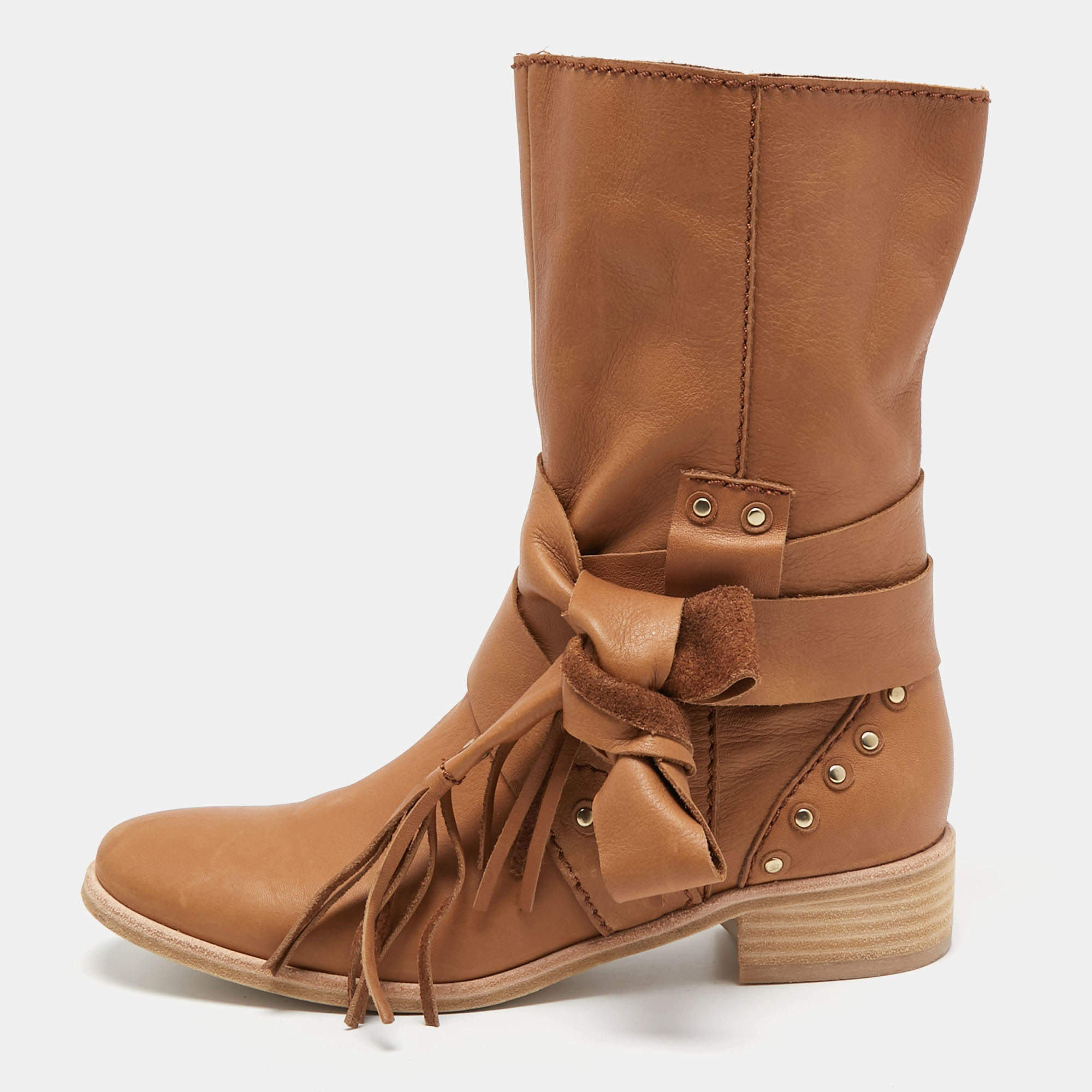 Pre Owned See by Chloe Beige Leather Ankle Strap  Boots Size 36