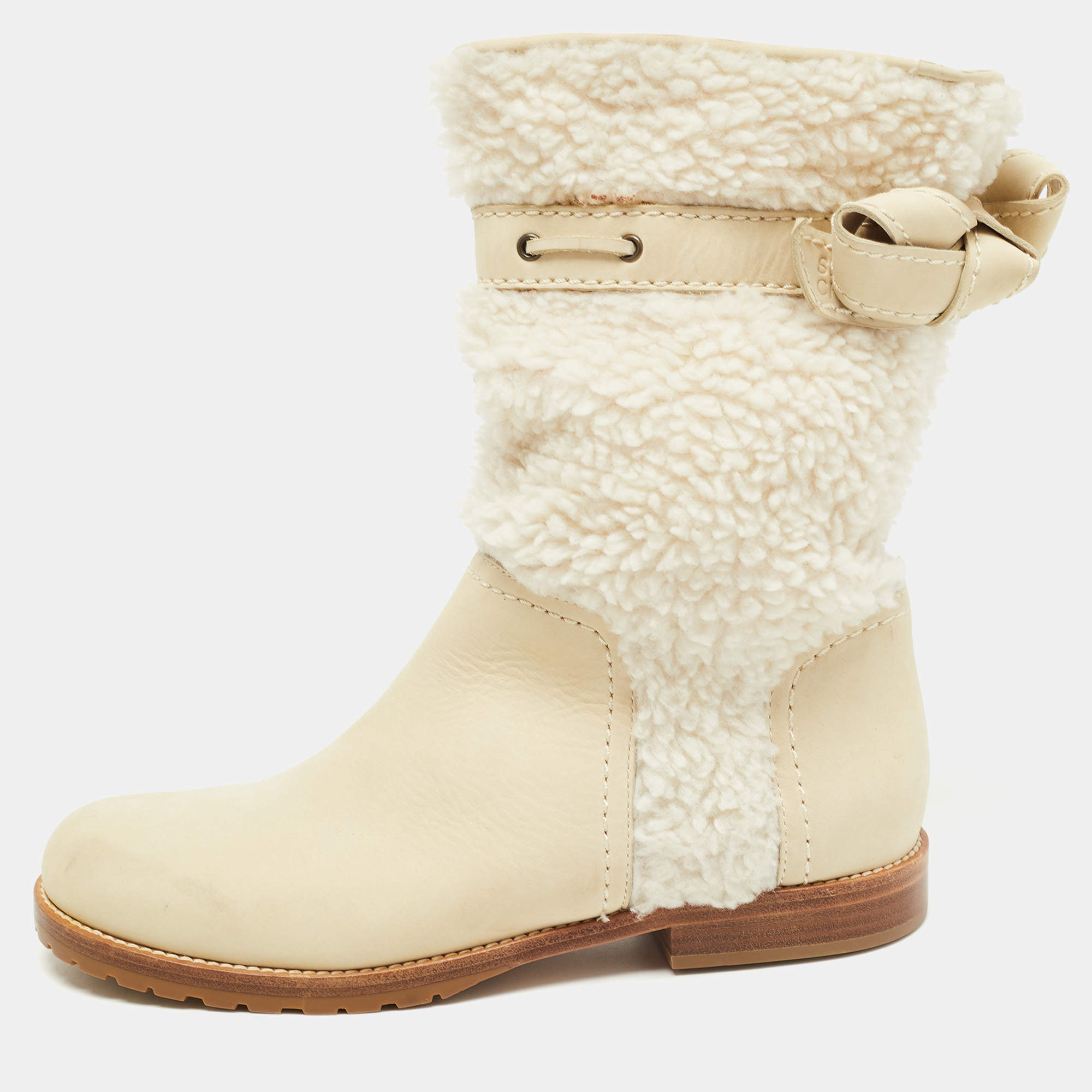 Pre Owned See by Chloe White Nubuck Leather and Fur Ankle Length Boots Size 37