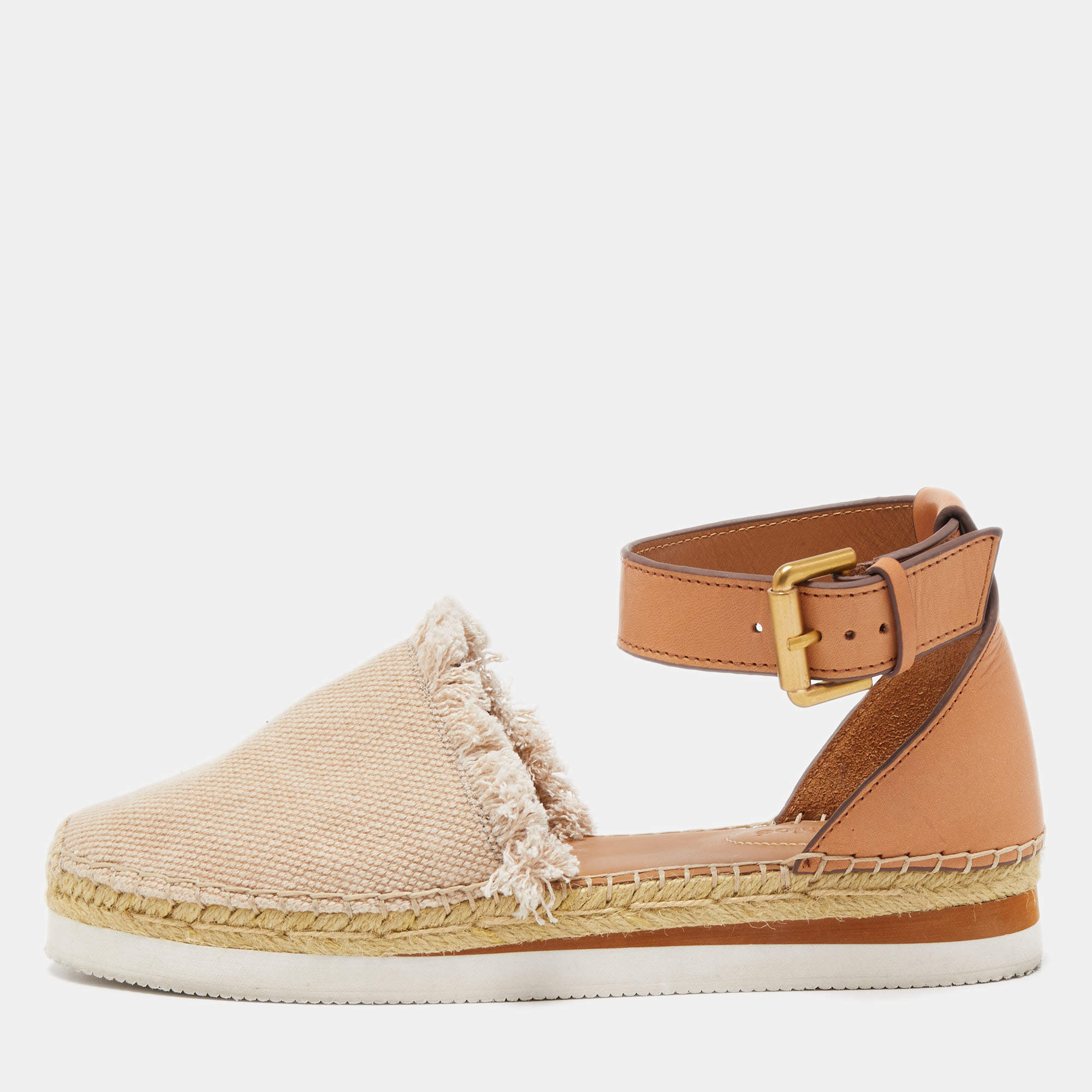 Pre Owned See by Chloe Beige/Brown Leather and Fabric Ankle Strap Flat Espadrilles Size 40