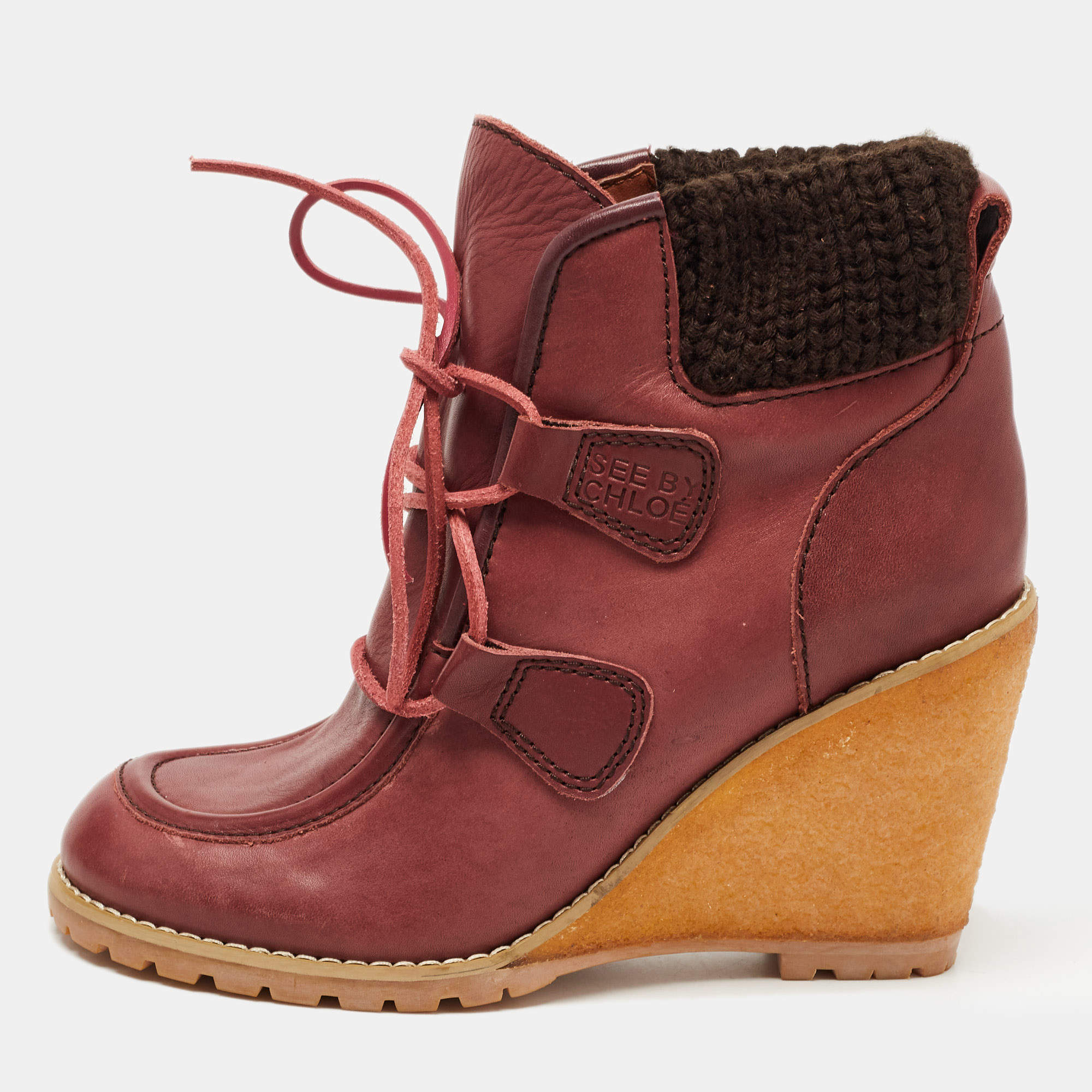 مملوكة مسبقًا See by Chloe Burgundy Leather Wedge Ankle Boots Size 37