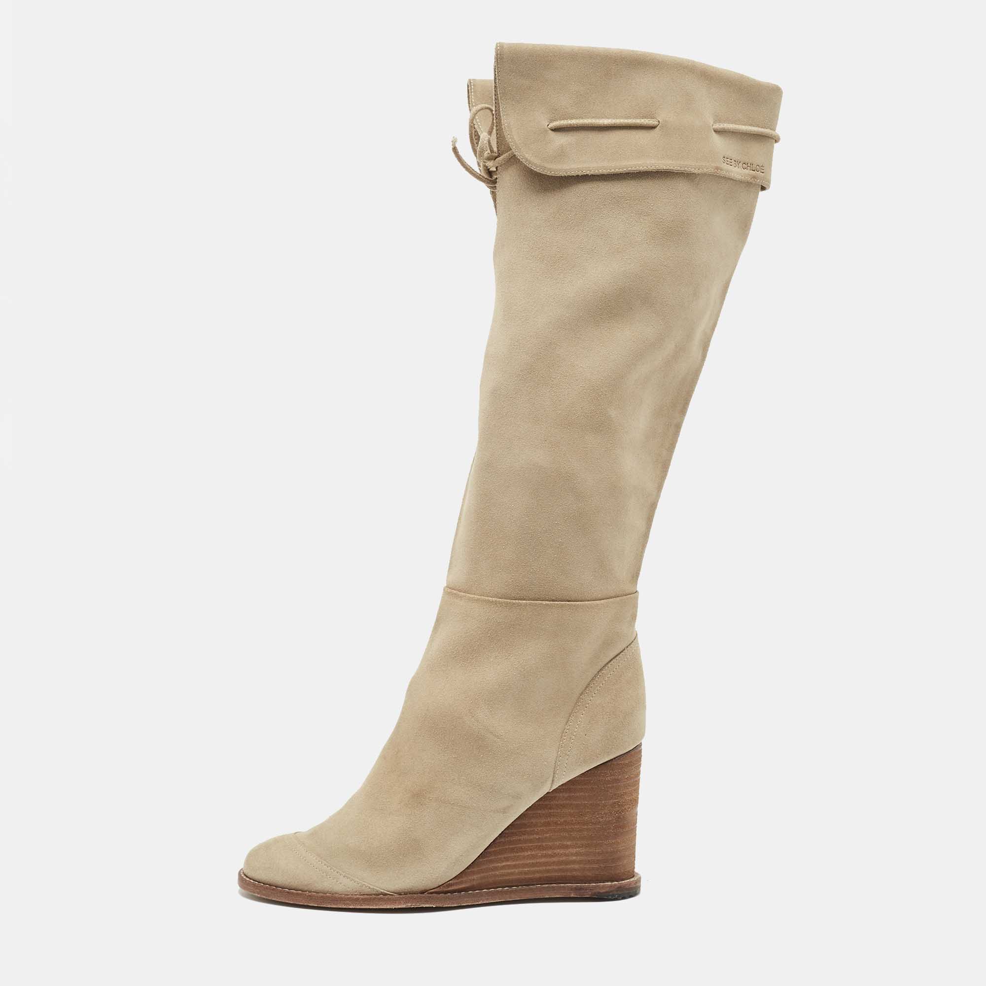 مملوكة مسبقًا See by Chloe Beige Suede Knee Length Boots Size 37 