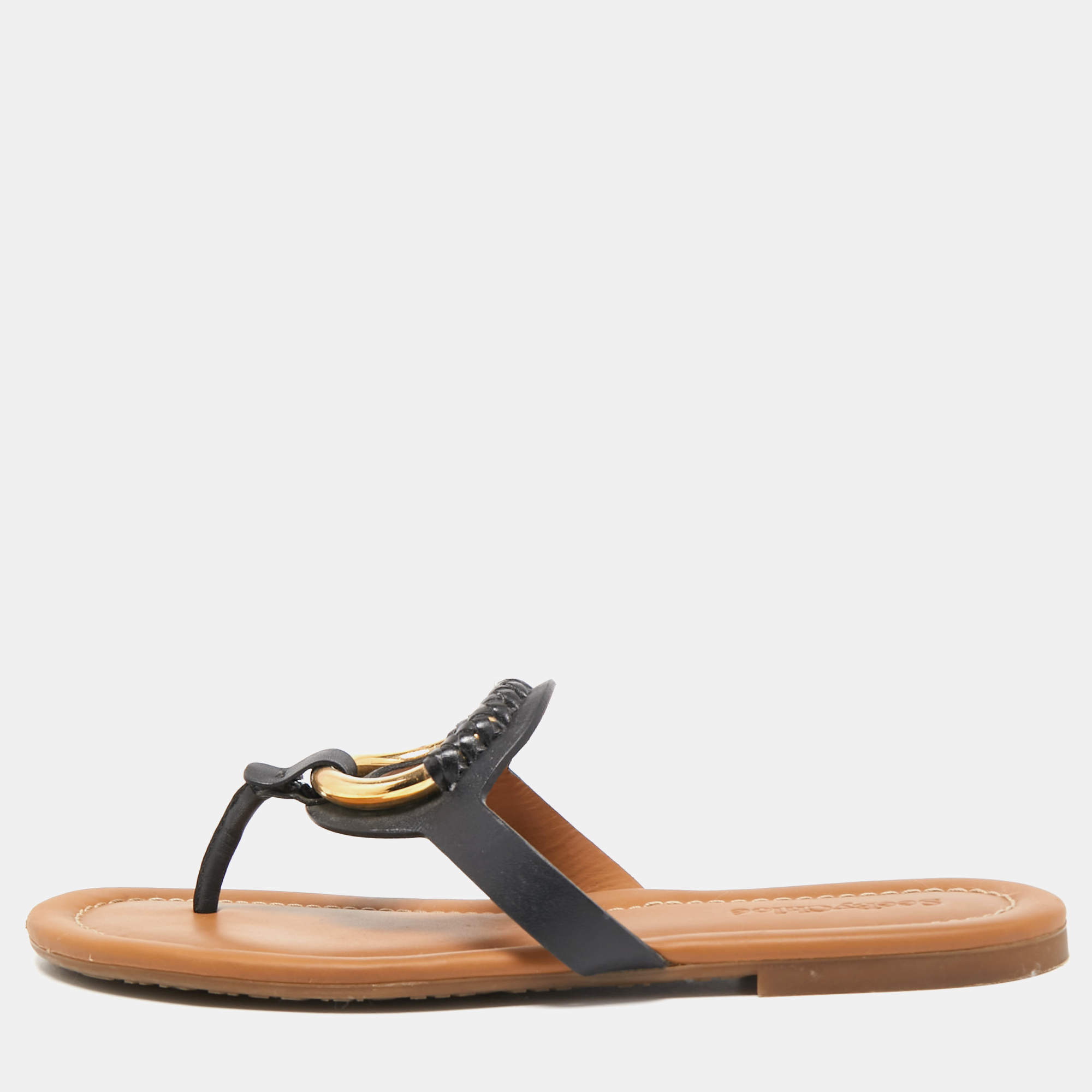 Pre Owned See by Chloe Black Leather Thong Flats Size 39