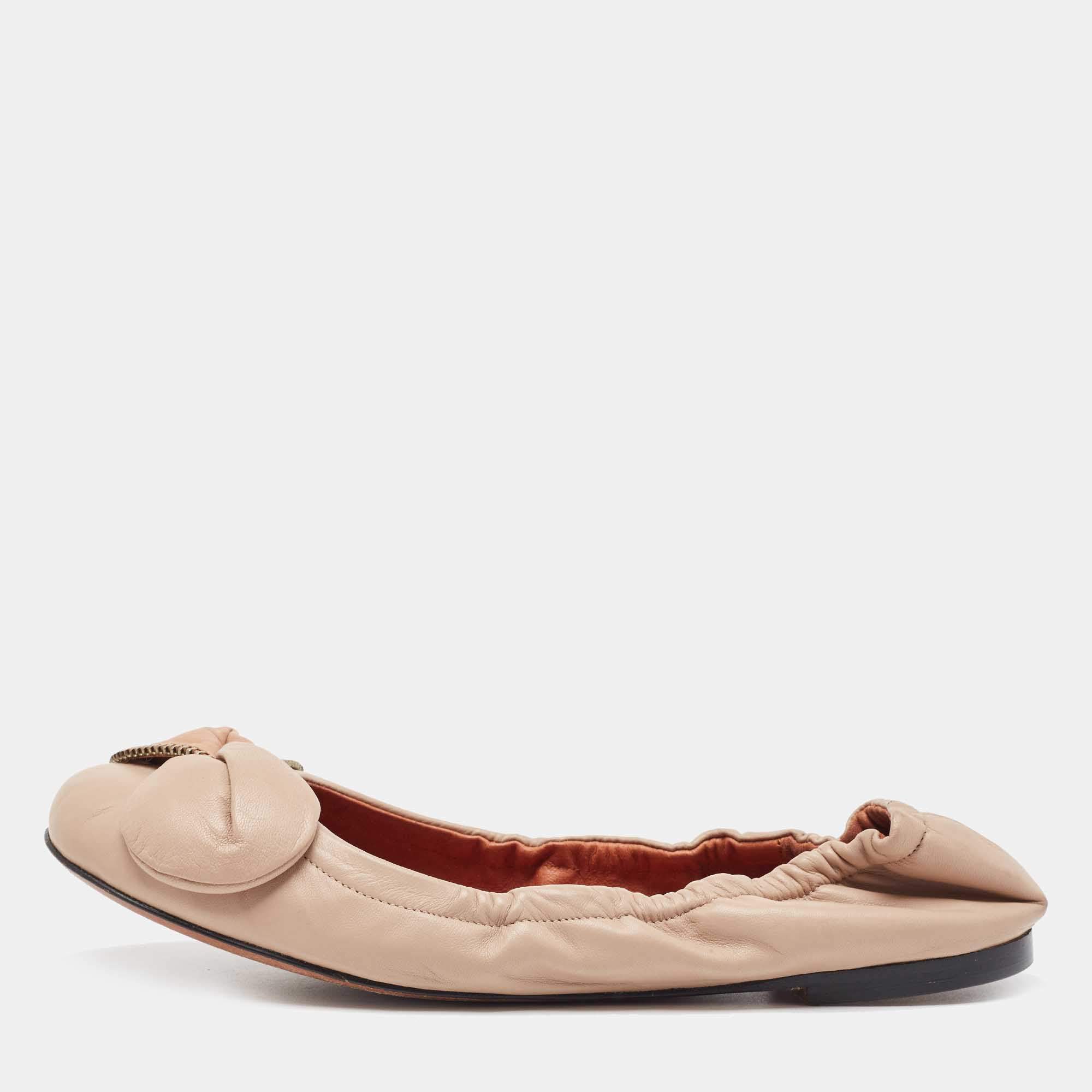 Pre Owned See by Chloe Beige Leather Scrunch Bow Ballet Flats Size 39.5