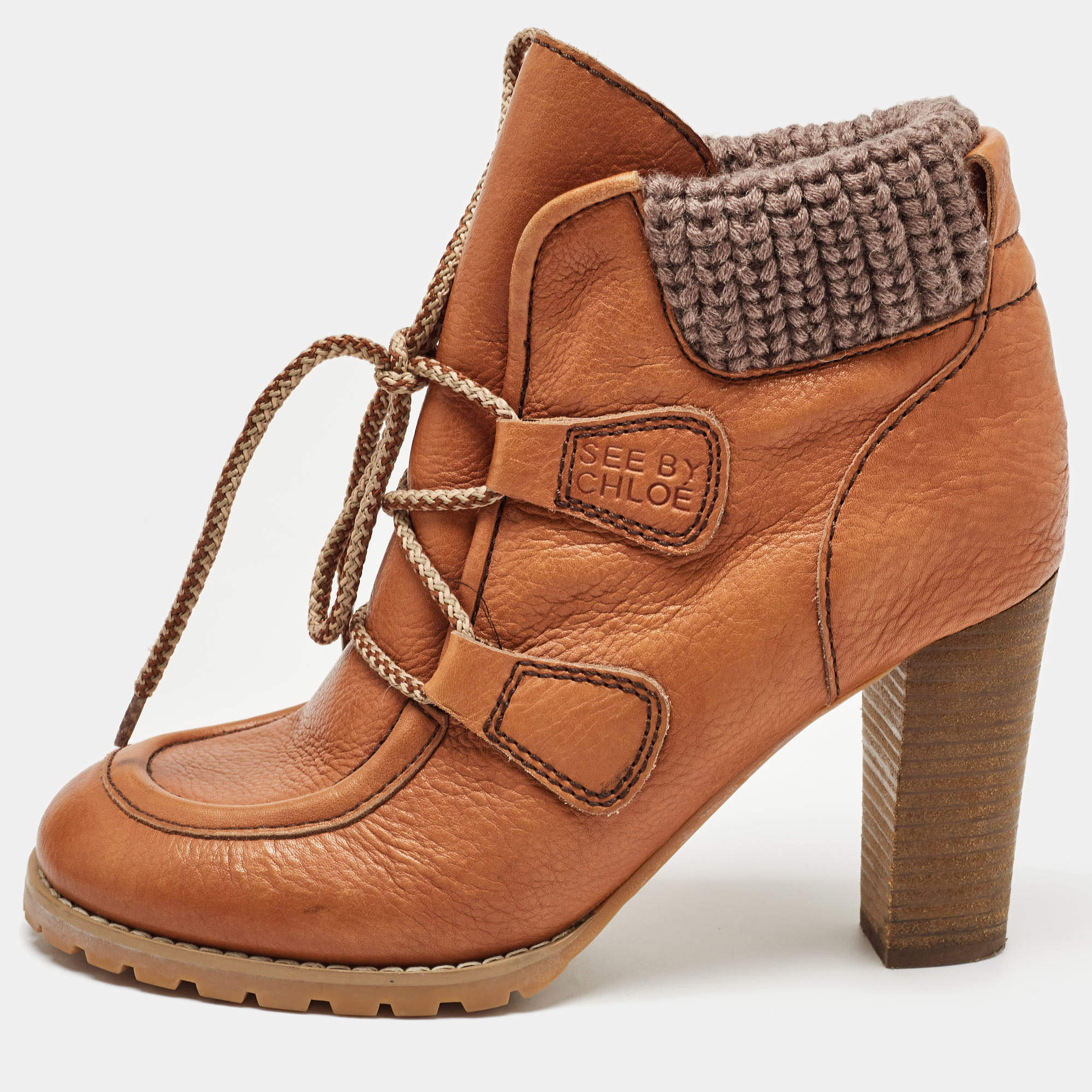 Pre Owned See by Chloe Brown Leather Lace Up Ankle Boots Size 37