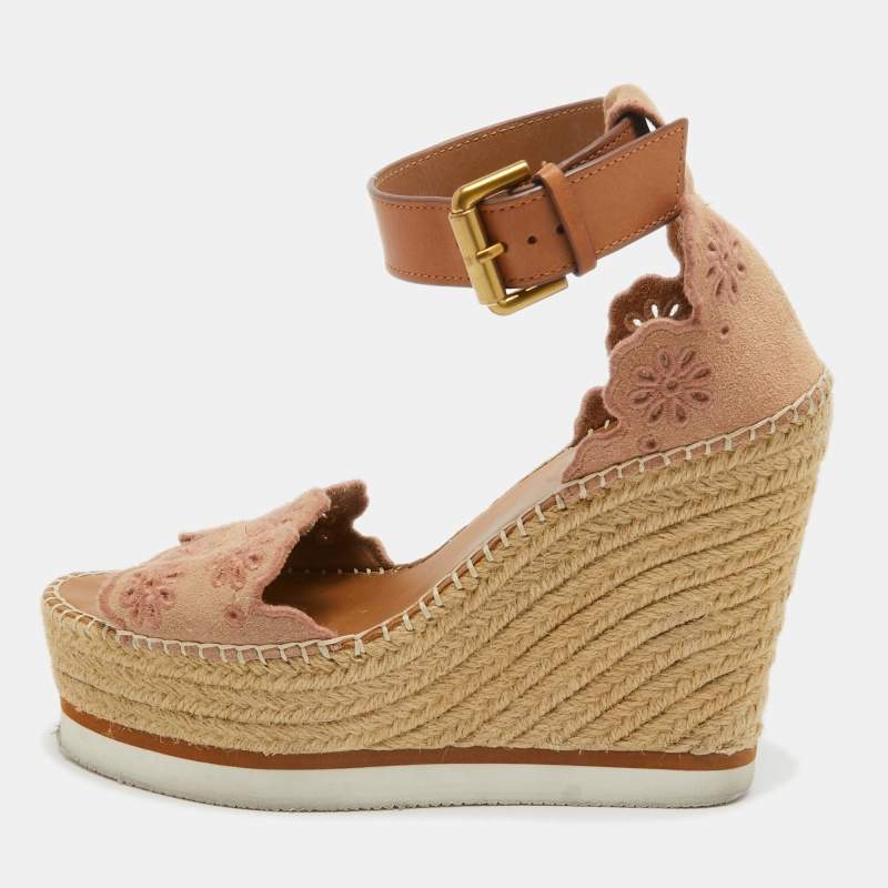 Pre Owned See by Chloe Pink/Beige Leather and Suede Wedge Espadrille Sandals Size 39