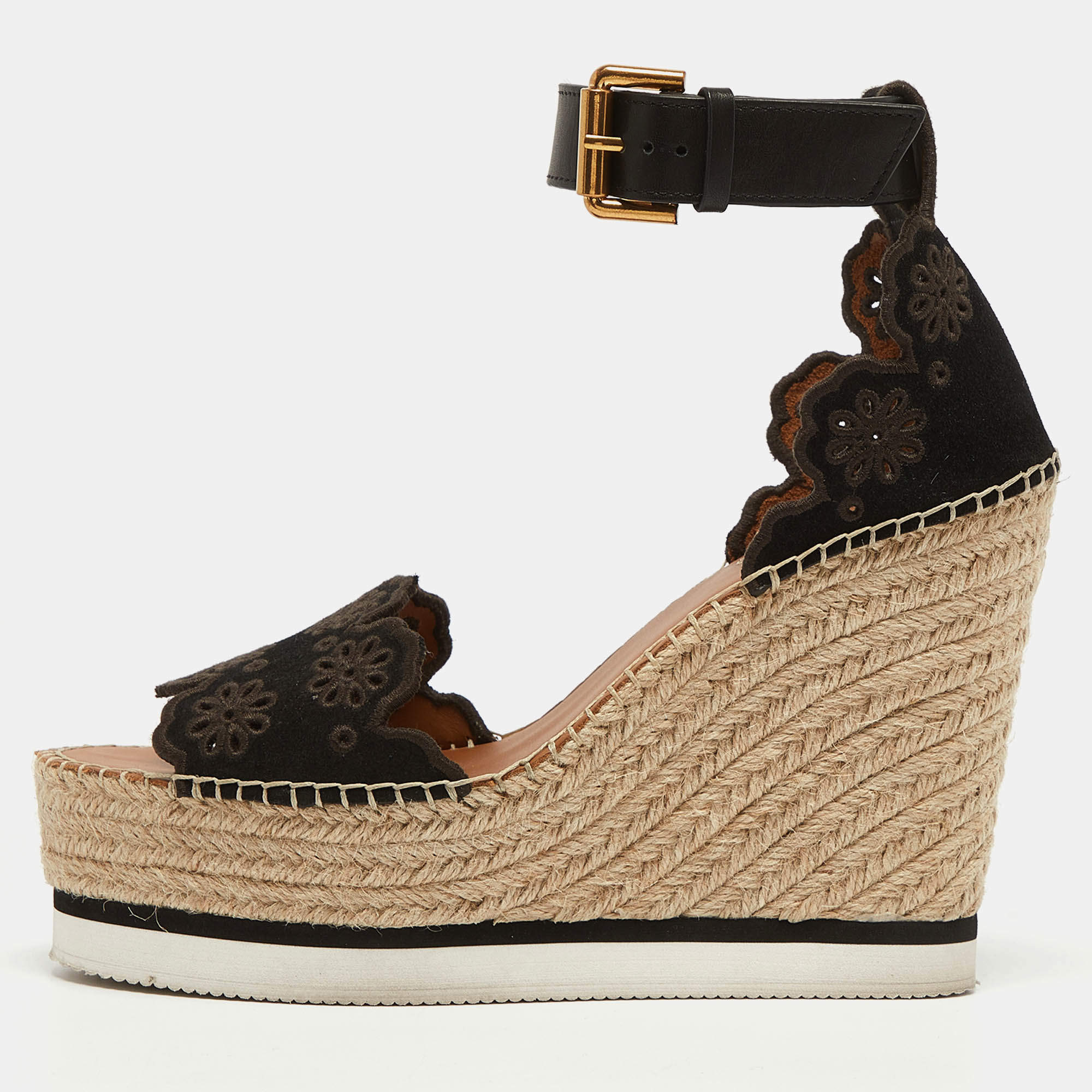 See by Chloe Black Suede and Leather Floral Lasercut Espadrille Wedge Sandals Size 40