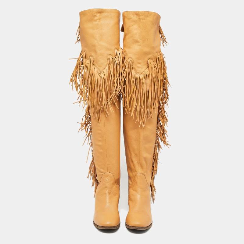 See by Chloe Brown Leather Fringe Details Over The Knee Length Boots Size 39