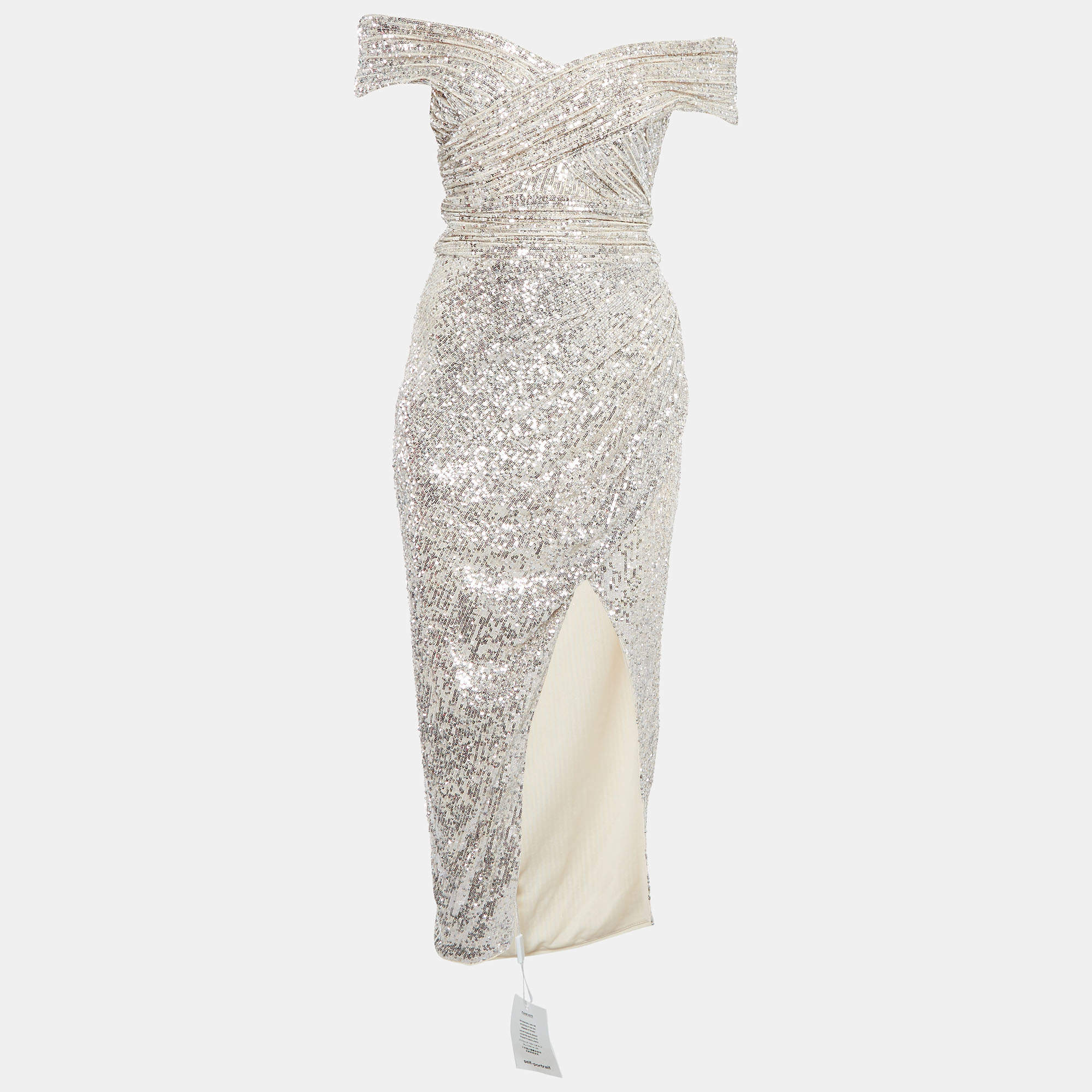 Pre Owned Self-Portrait Silver Sequin Off-Shoulder Wrap Midi Dress S
