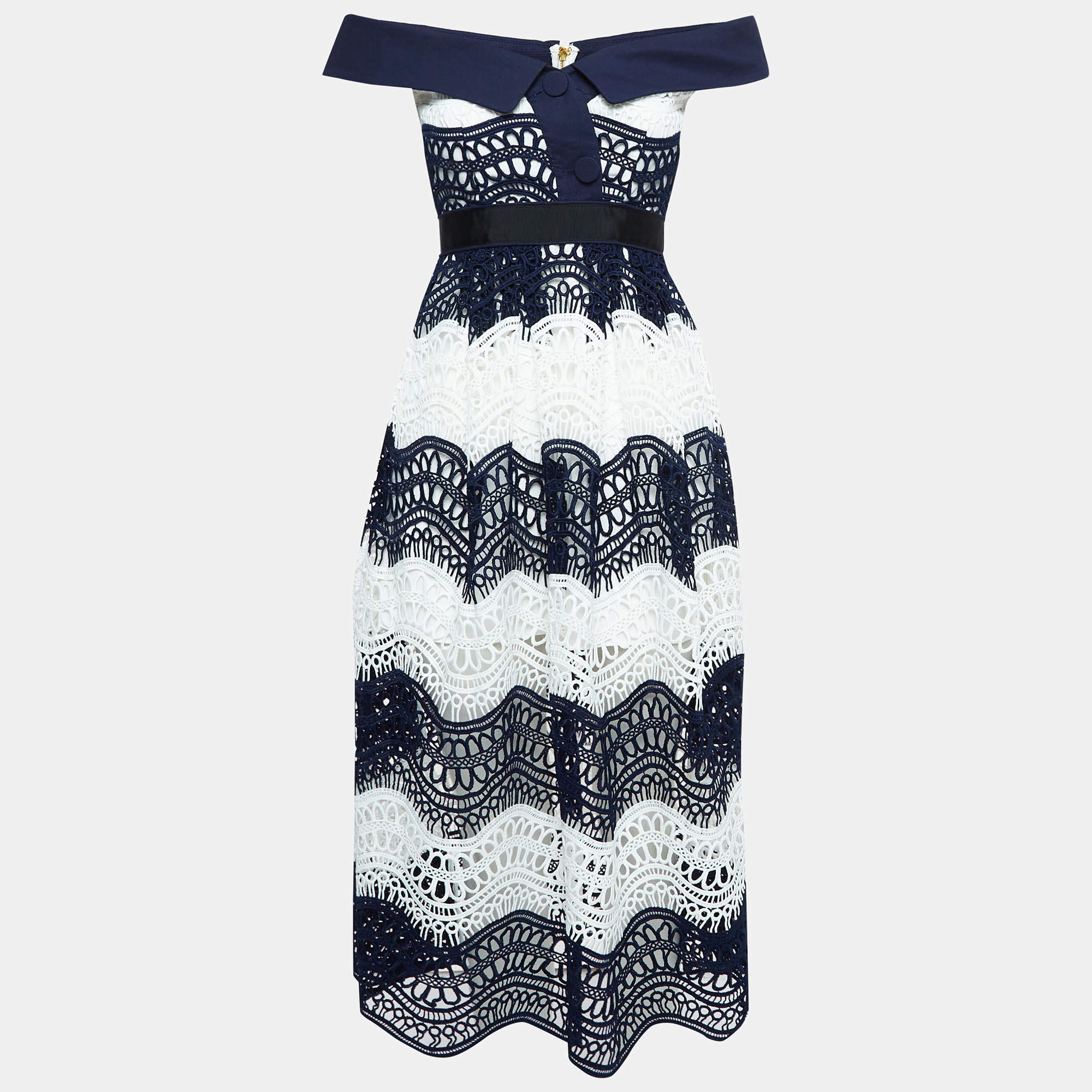 Pre Owned Self-Portrait Navy Blue/White Guipure Lace Off-Shoulder Dress S