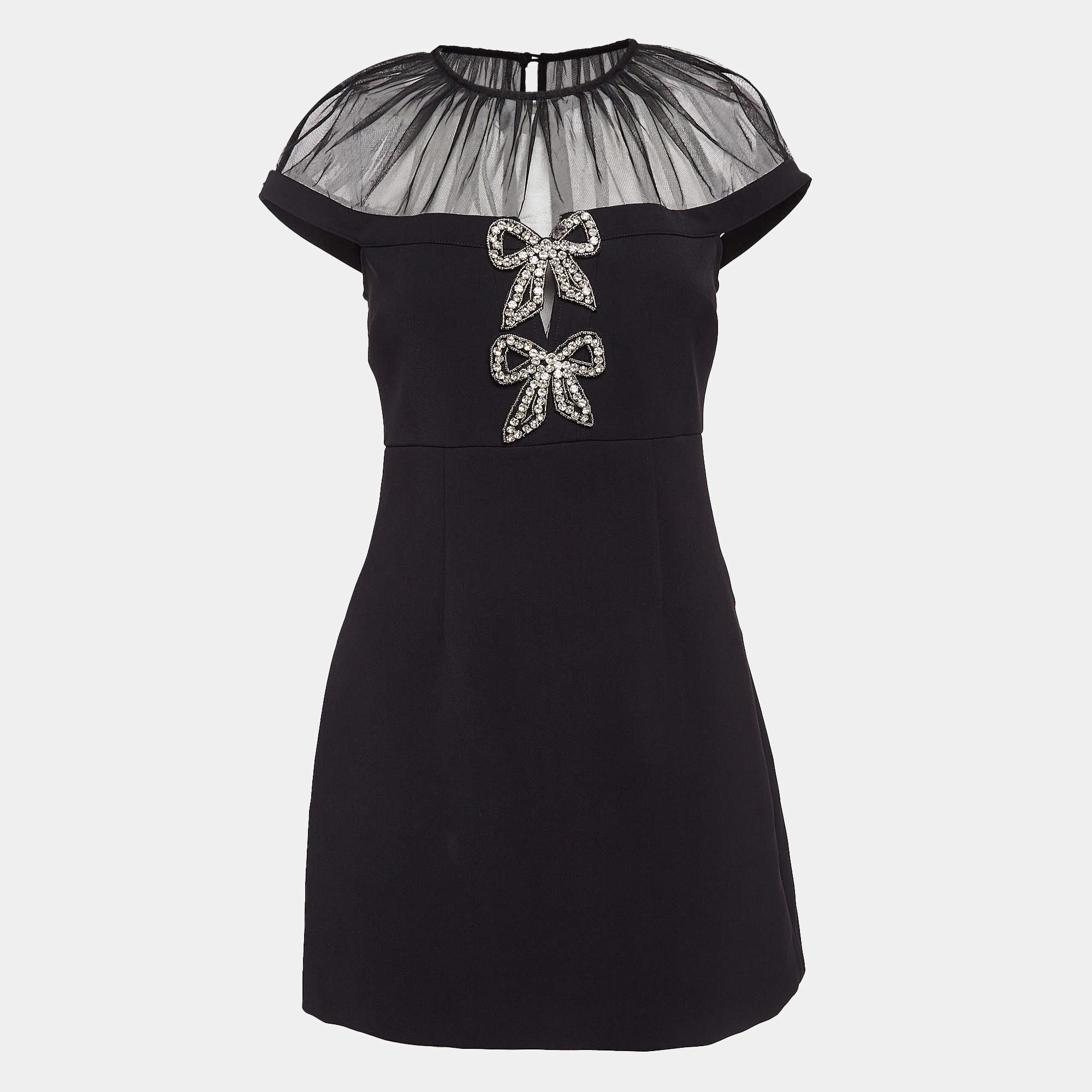 Pre Owned Self-Portrait Black Bonded Crepe Tulle Trim Bow Detail Mini Dress S