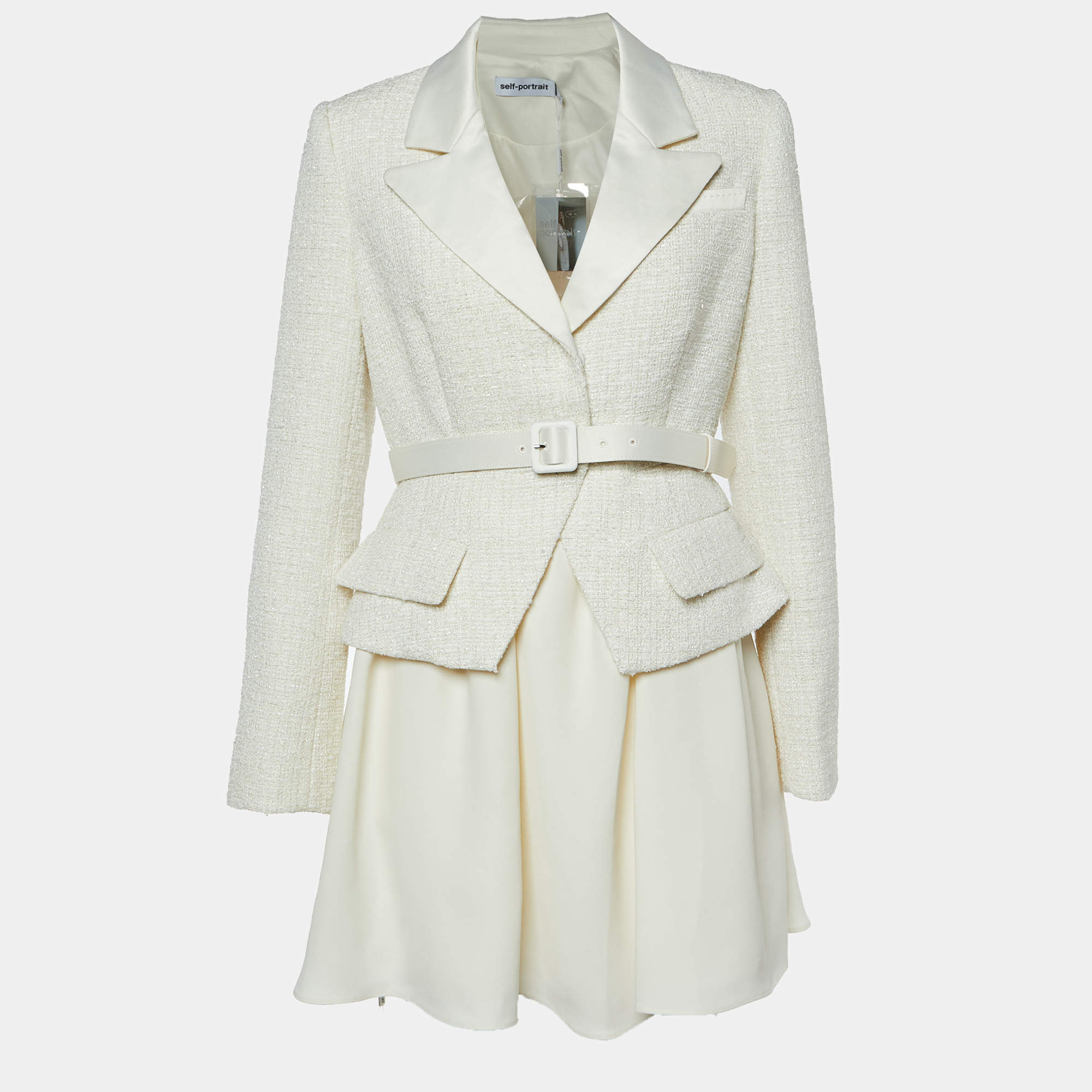 Pre Owned Self-Portrait Cream Boucle Tweed Tailored Mini Dress L