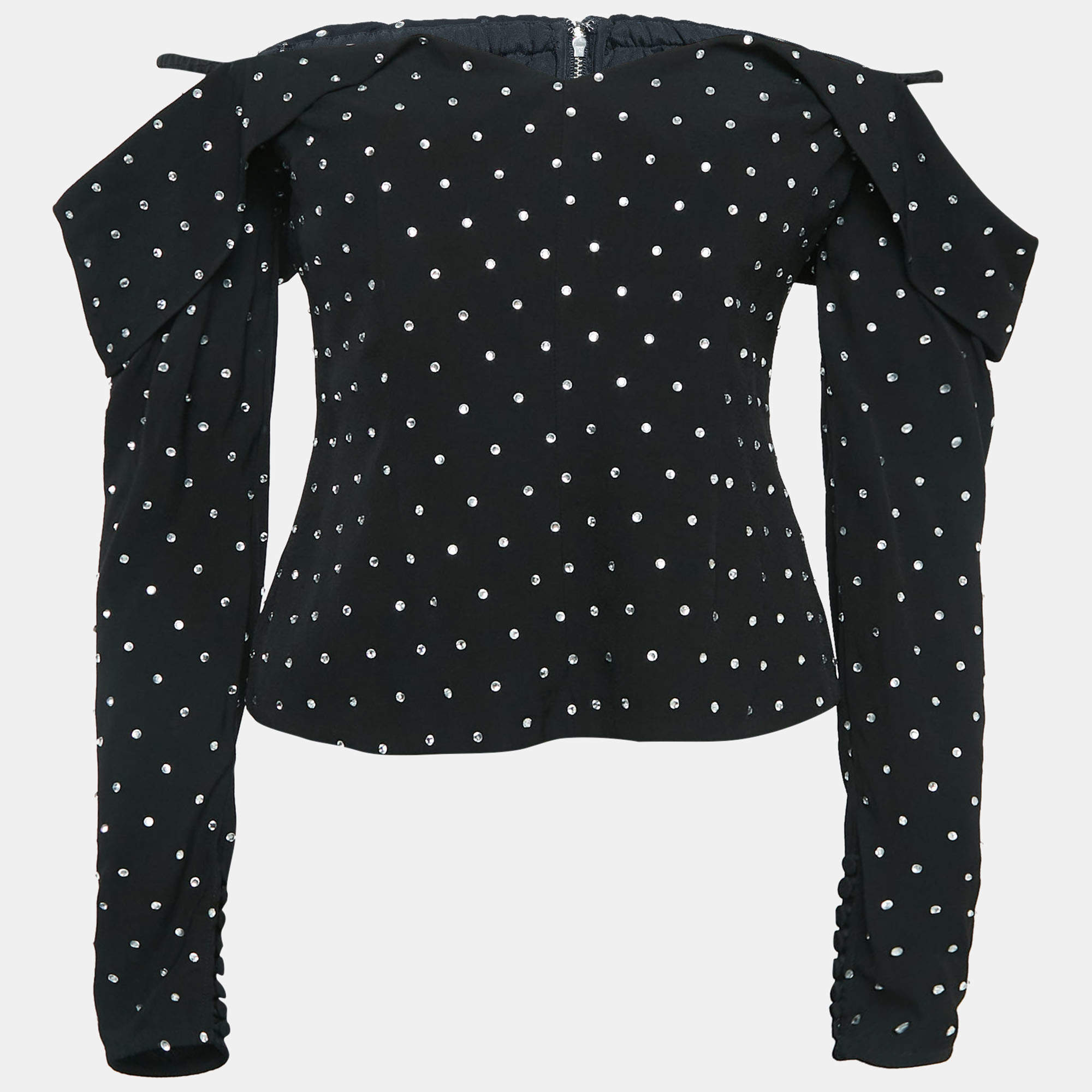 Pre Owned Self-Portrait Black Studded Crepe Off-Shoulder Diamante Top S