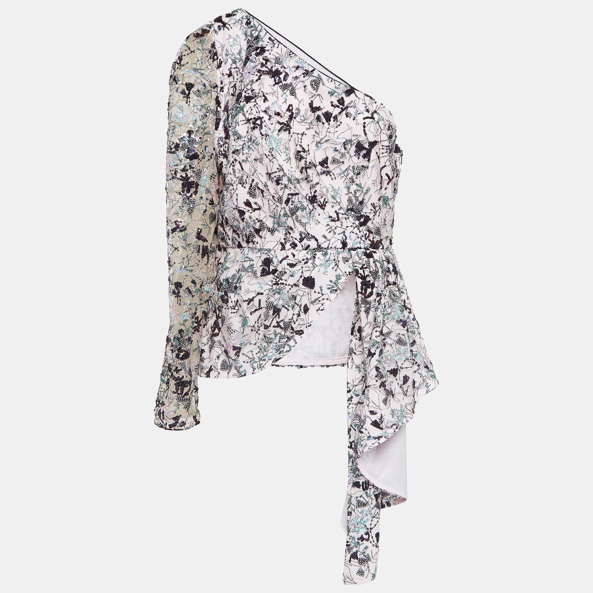 Self-Portrait Pink Constellation Sequin Embroidery Crepe One-Shoulder Top L