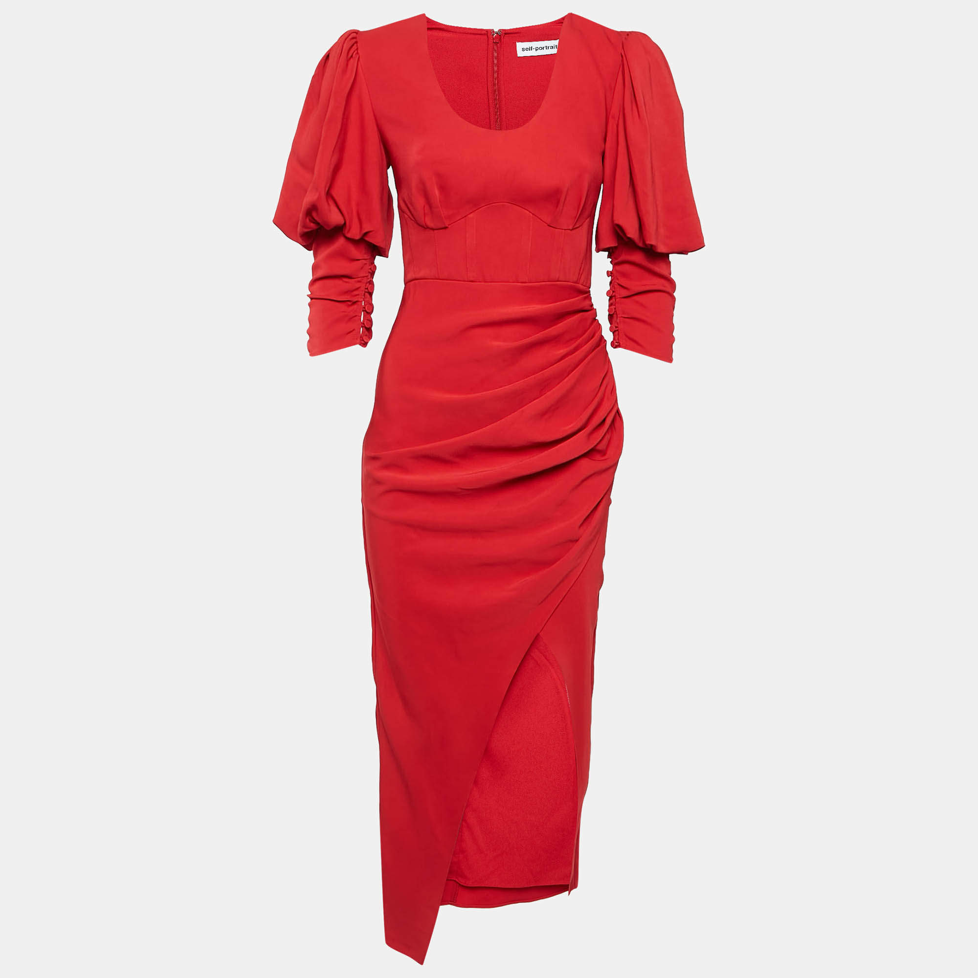 Self-Portrait Red Stretch Crepe Ruched Midi Dress S