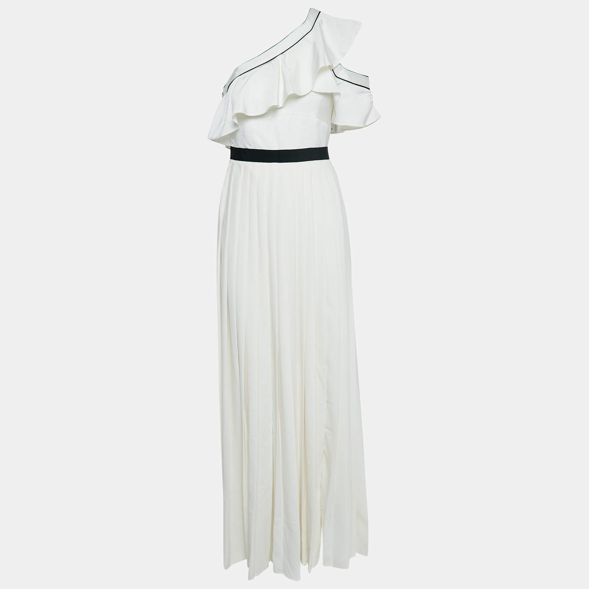 Pre Owned Self-Portrait White Crepe One-Shoulder Pleated Maxi Dress S